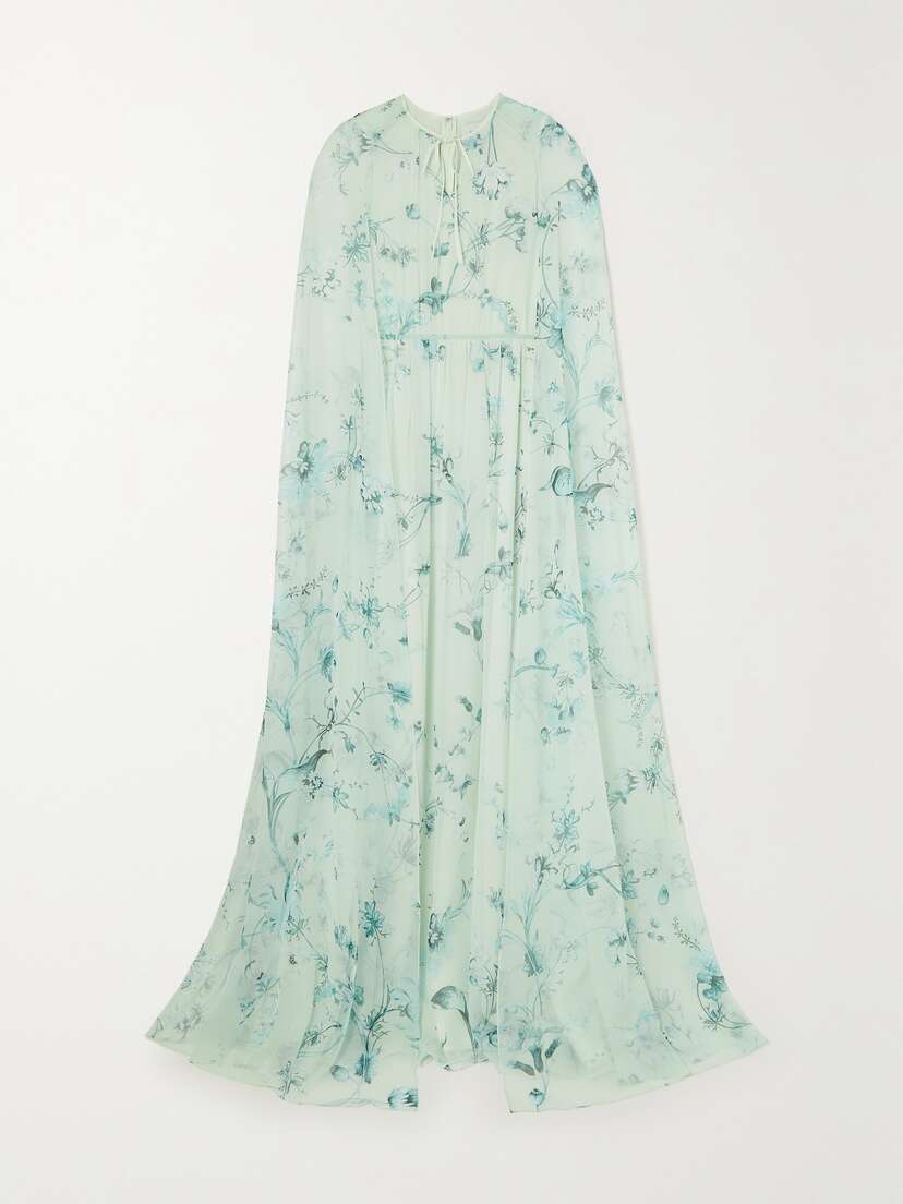 Erdem Kenley Cape-effect Tie-detailed Floral-print Silk-voile Gown - UK 22