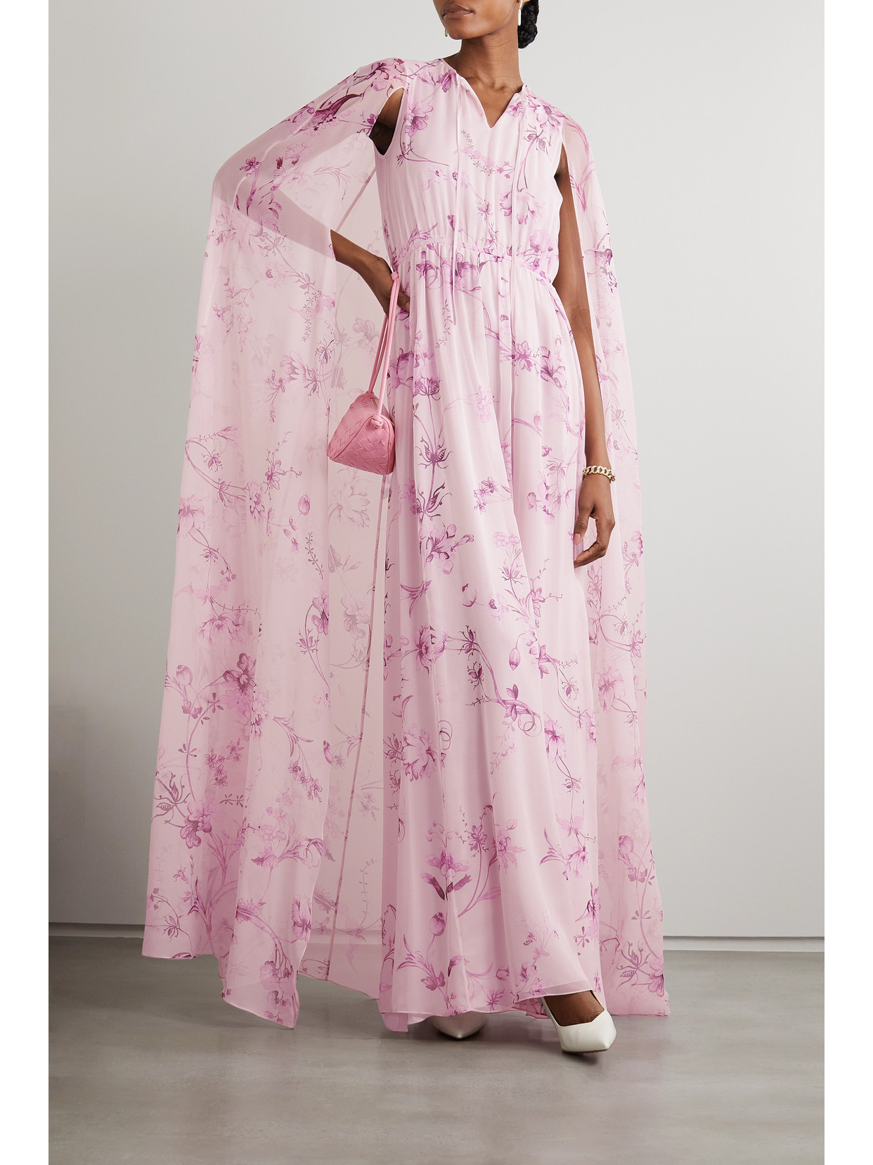 Shop Erdem Kenley Cape-effect Floral-print Silk-voile Gown In Pink