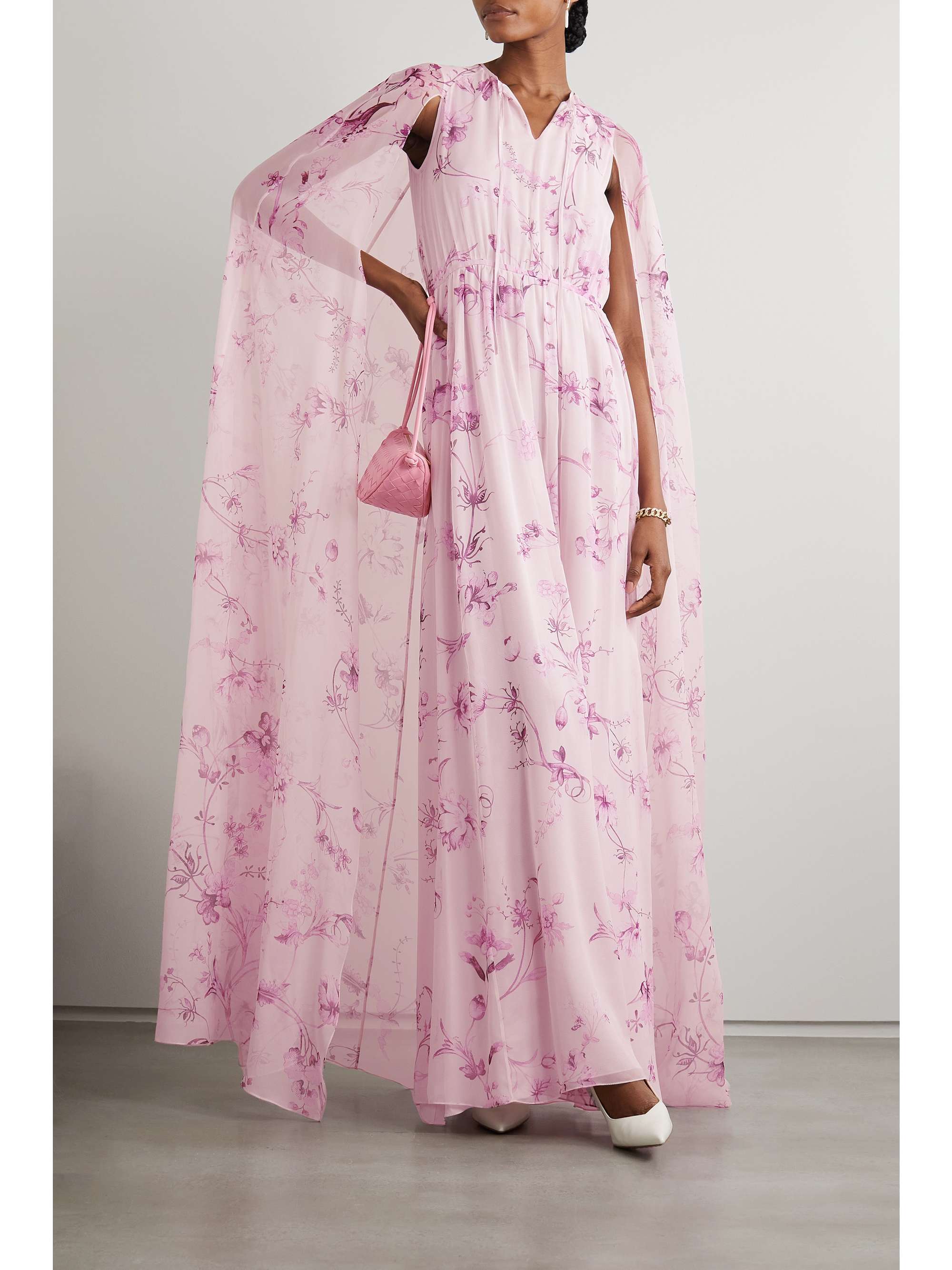 ERDEM Kenley 披风效果花卉印花真丝巴里纱礼服