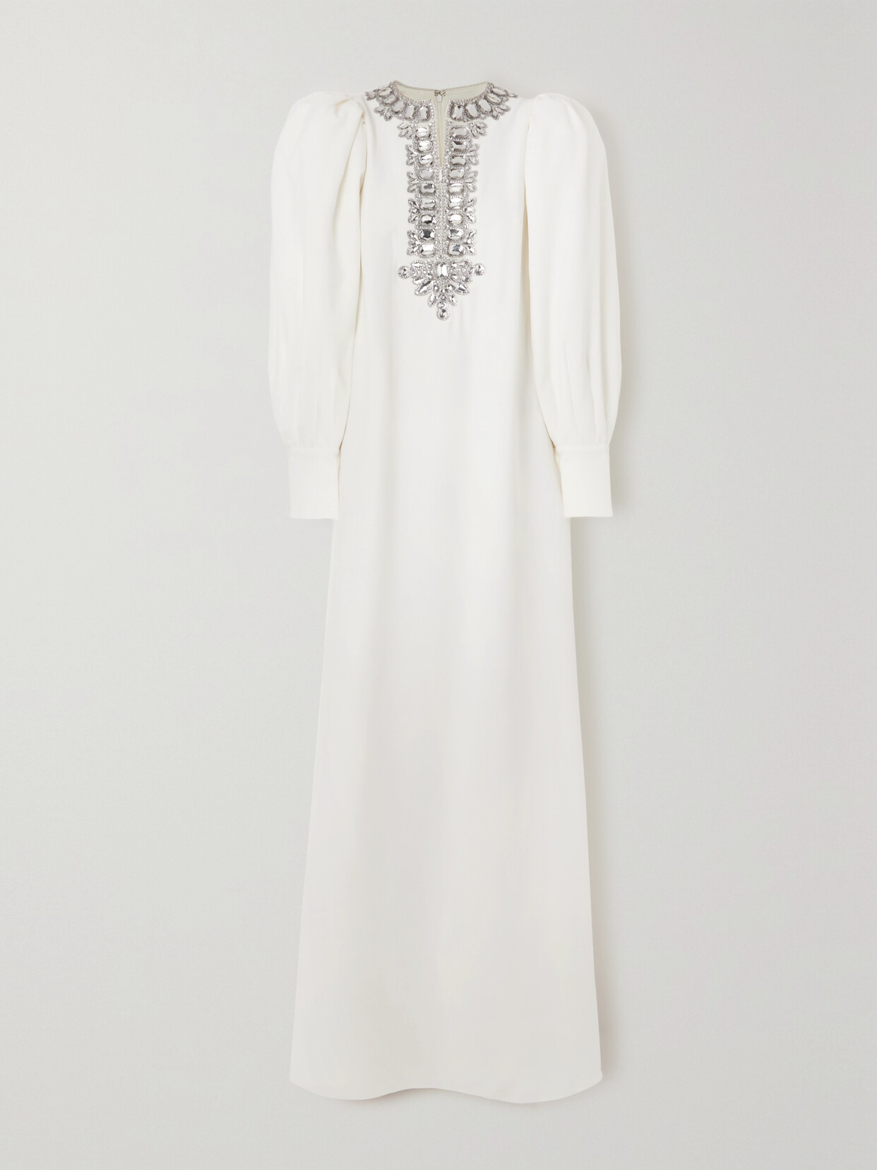 Andrew Gn Jeweled Bib Puff-sleeve Gown In Off White