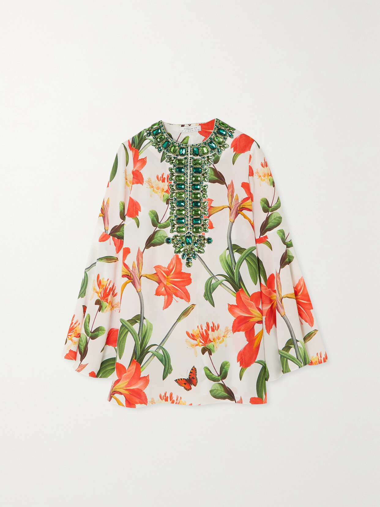 Andrew Gn Crystal-embellished Printed Silk-chiffon Blouse In White