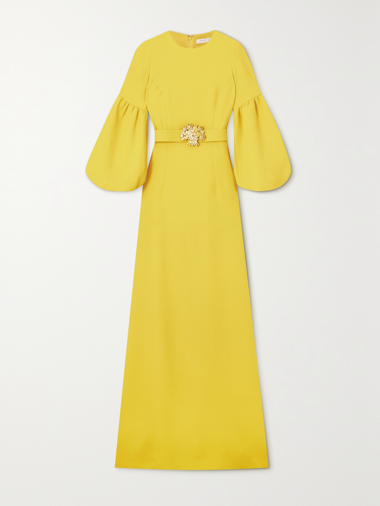 Andrew Gn Belted Crystal-embellished Crepe Gown In Yellow