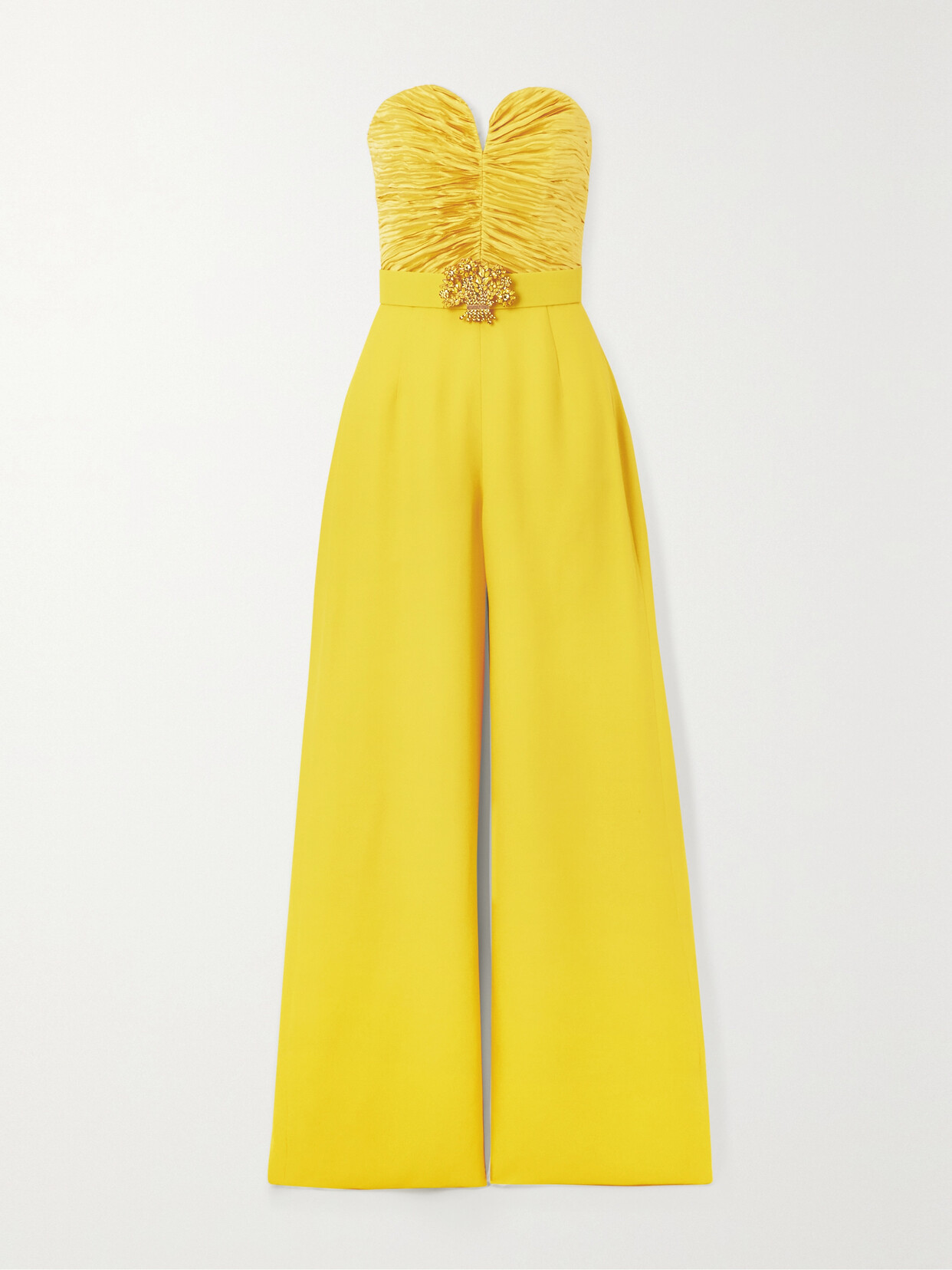 Andrew Gn - Strapless Embellished Ruched Plissé-satin And Crepe Jumpsuit - Yellow