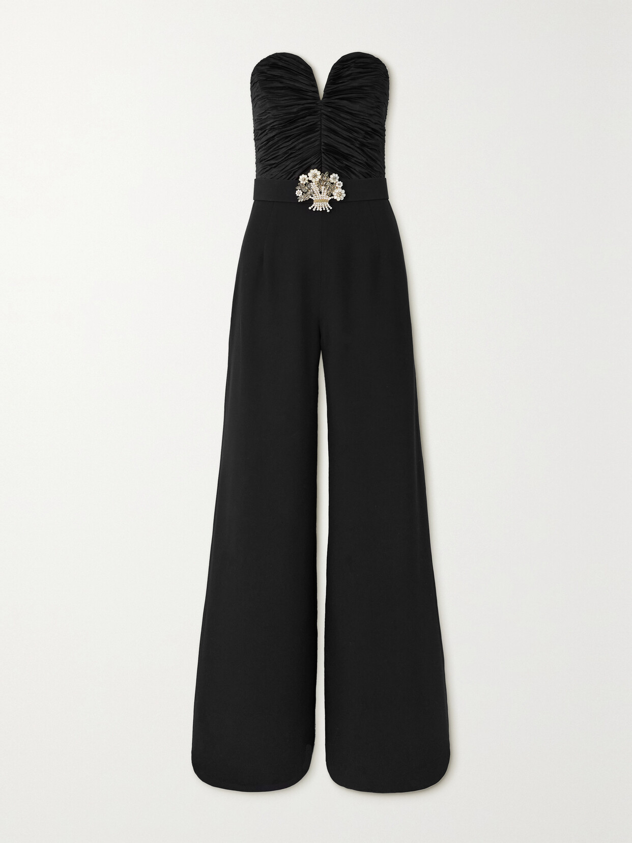 Andrew Gn - Strapless Embellished Ruched Plissé-satin And Crepe Jumpsuit - Black