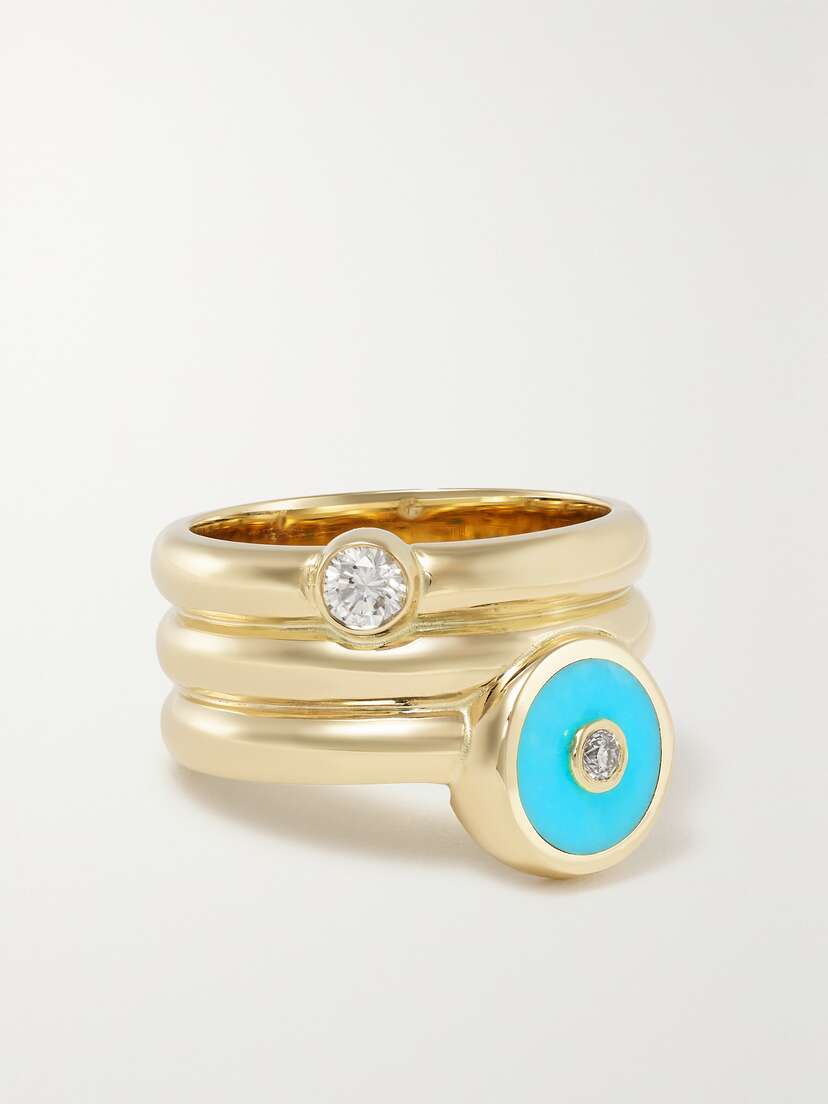 Retrouvaí Triple Coil Mini Compass 14-karat Gold, Turquoise And Diamond Ring