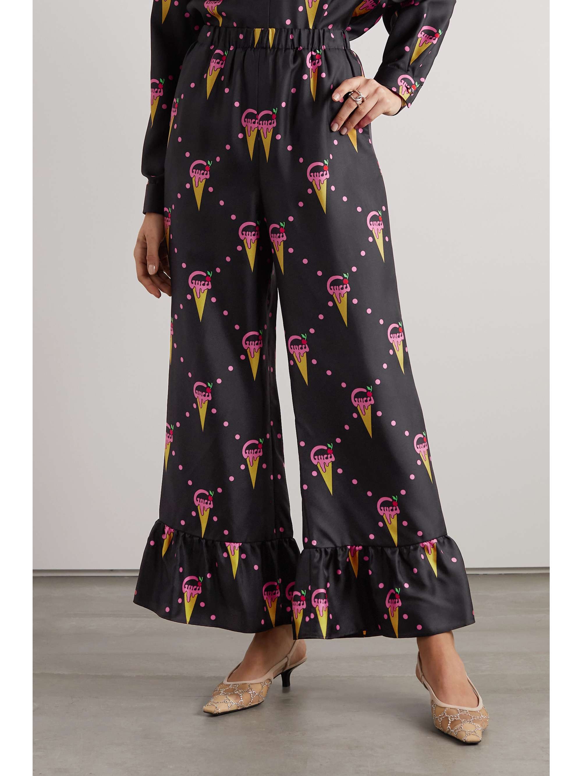 Ruffled printed silk-twill wide-leg pants