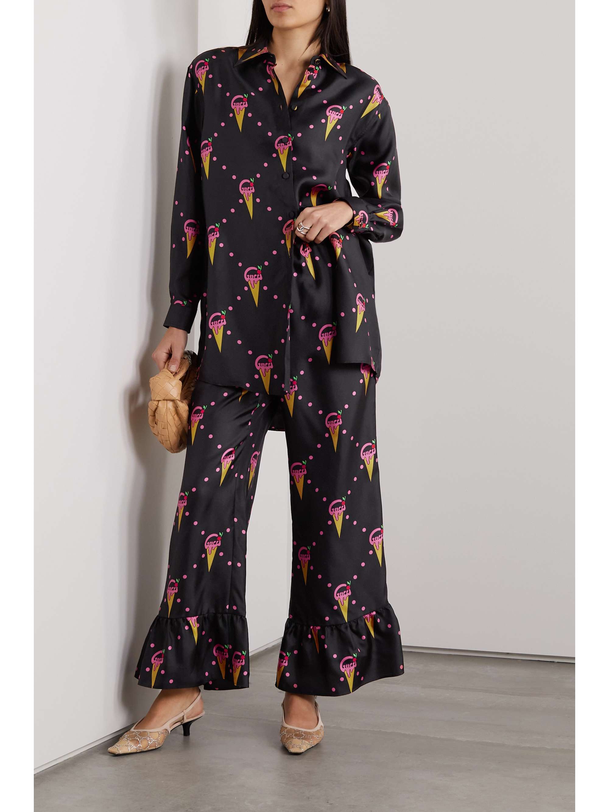 Ruffled printed silk-twill wide-leg pants