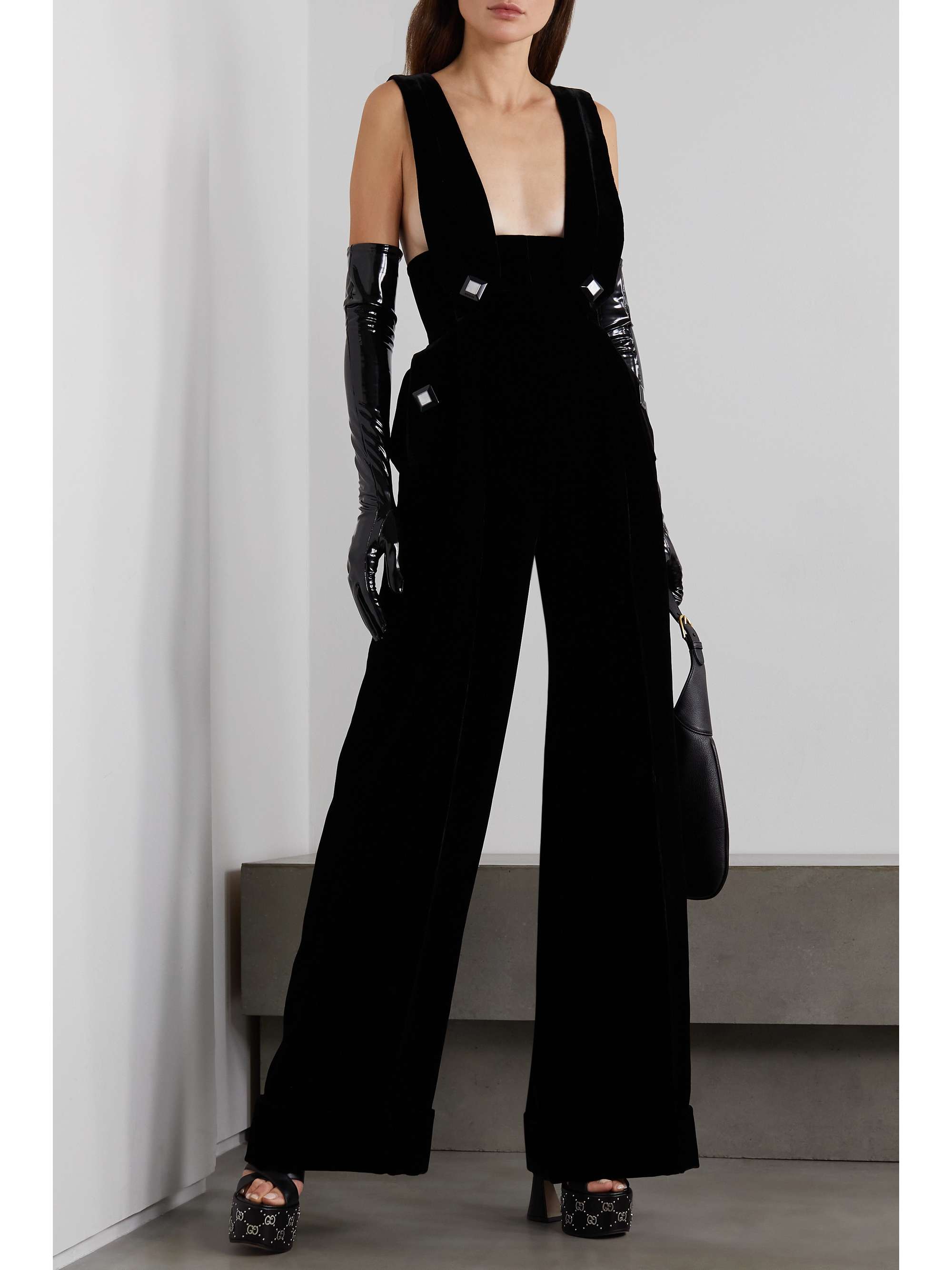 GUCCI Dark Sensuality open-back embellished velvet jumpsuit | NET-A-PORTER