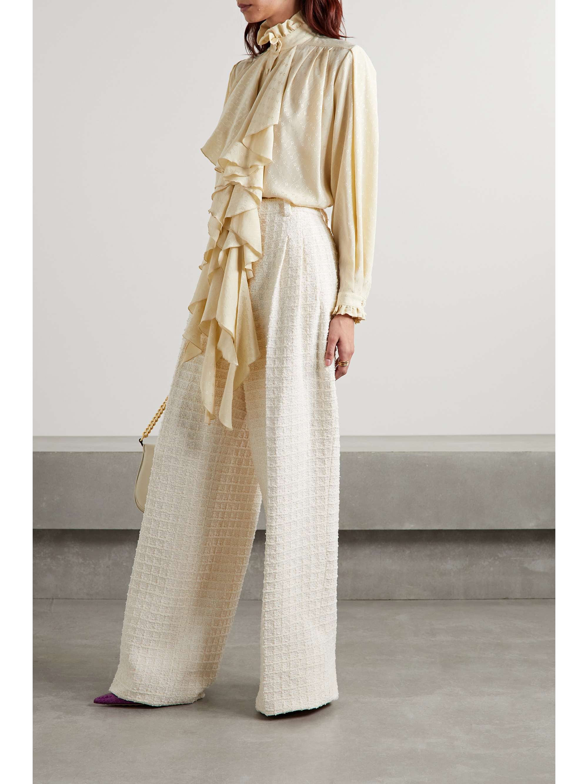 Cotton-blend tweed wide-leg pants