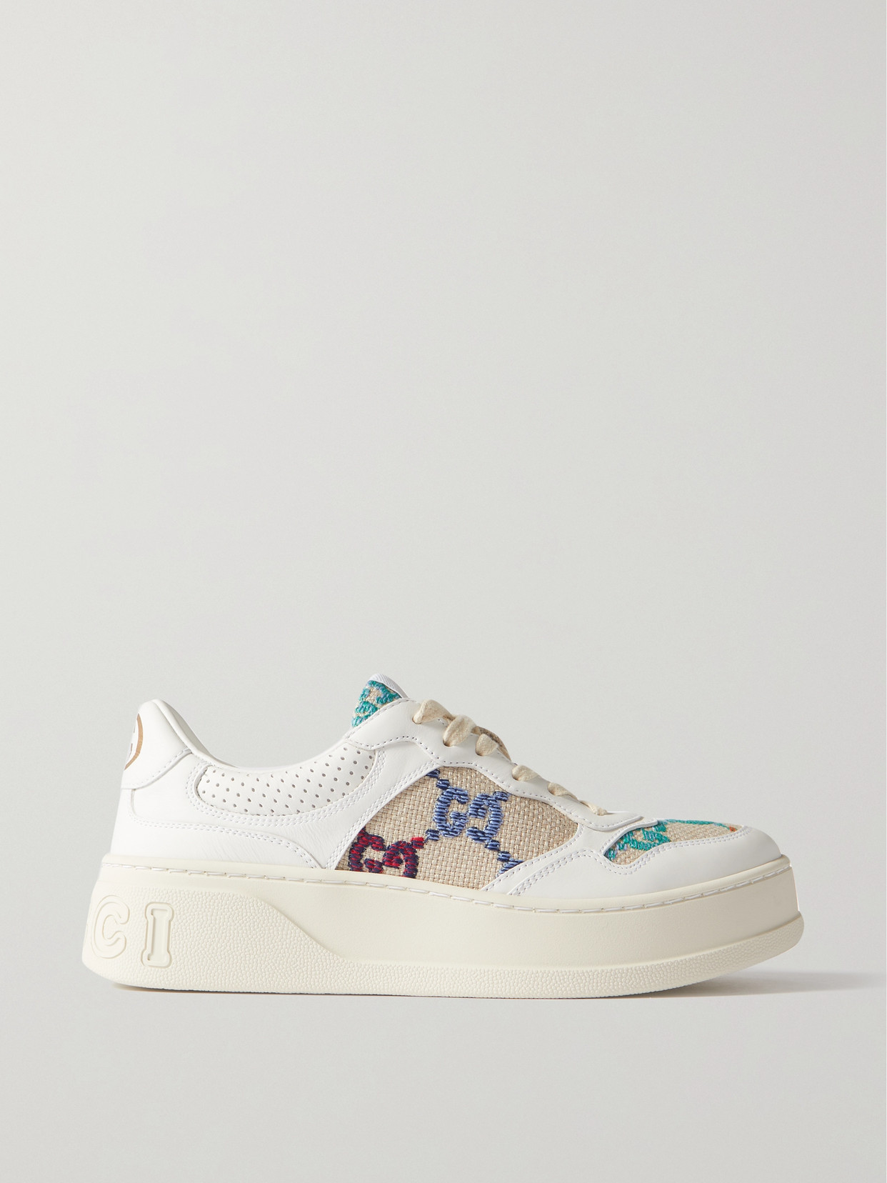 Gucci Gg Logo-detailed Leather And Embroidered Canvas Sneakers