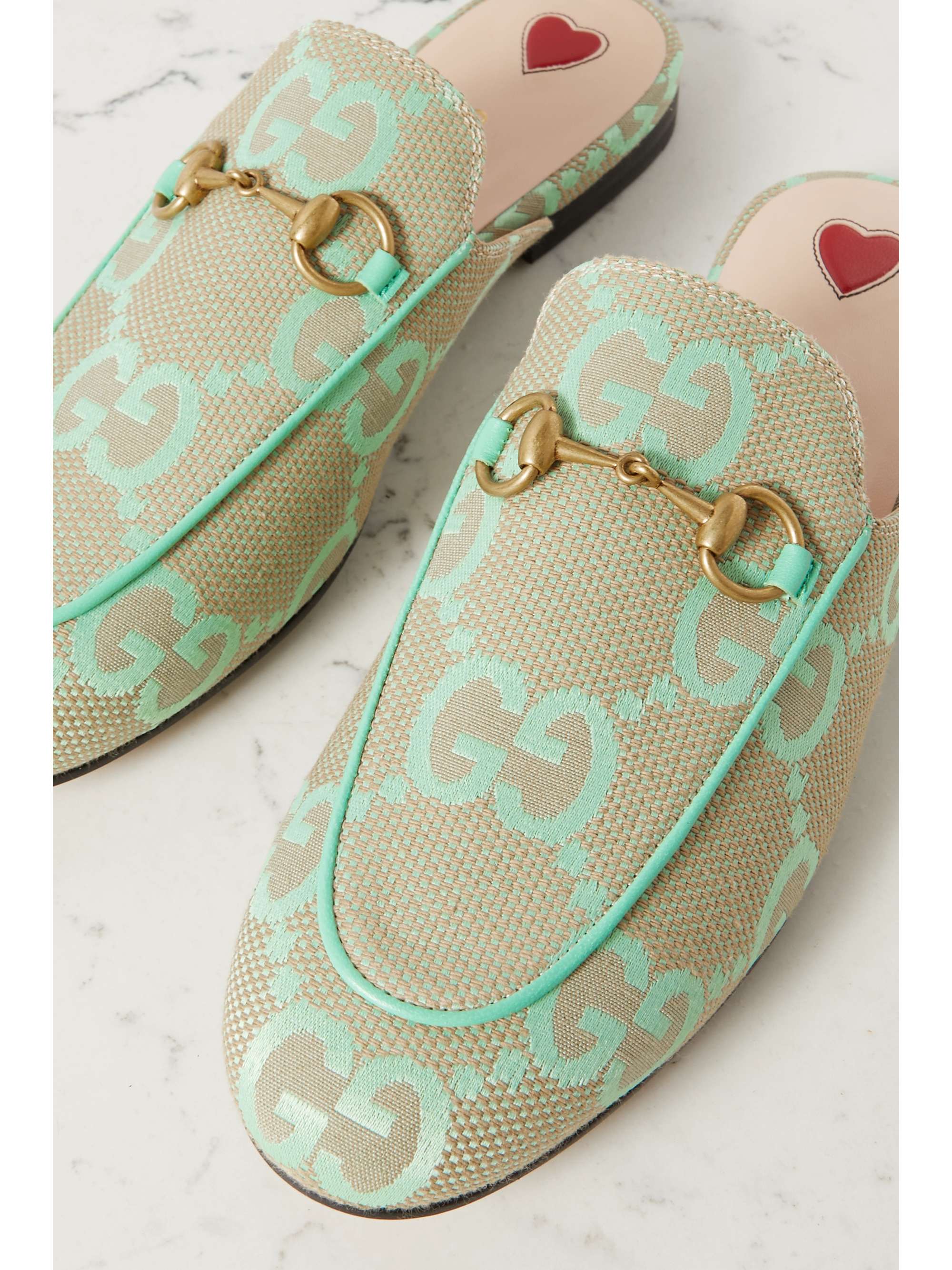 GUCCI Princetown horsebit-detailed leather-trimmed canvas-jacquard slippers