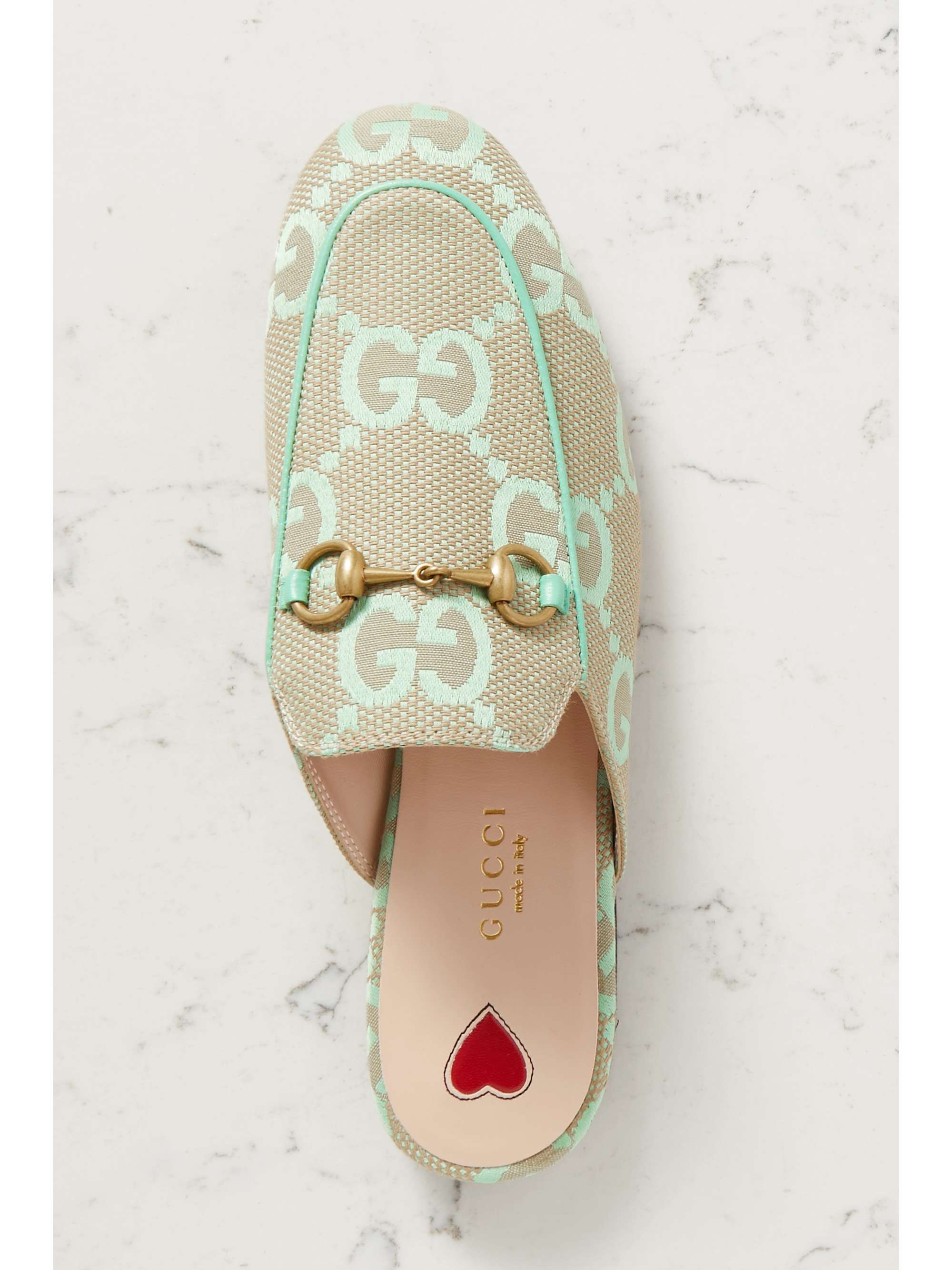 GUCCI Princetown horsebit-detailed leather-trimmed canvas-jacquard slippers