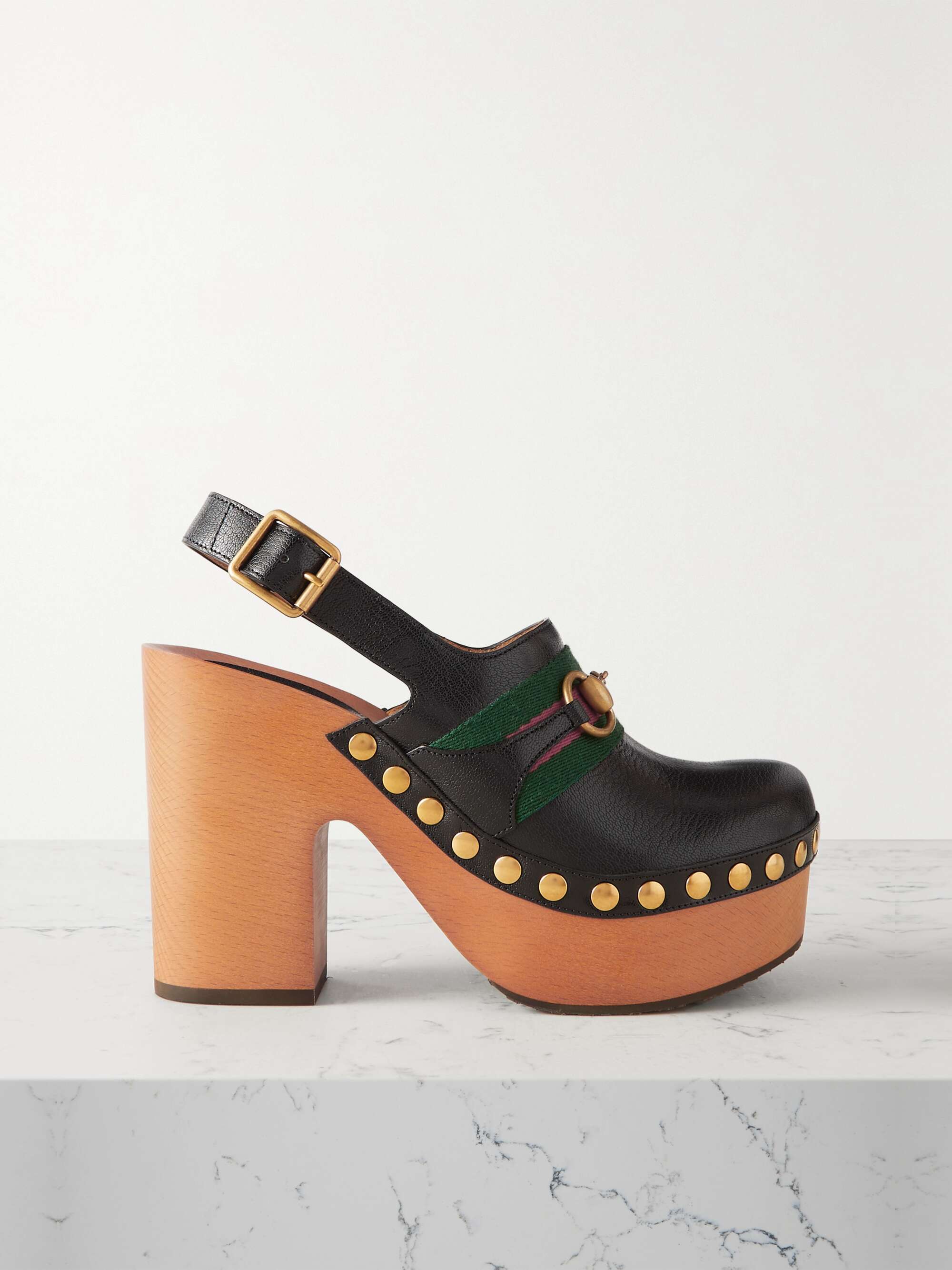 GUCCI Stann horsebit-detailed webbing-trimmed studded leather platform clogs  | NET-A-PORTER