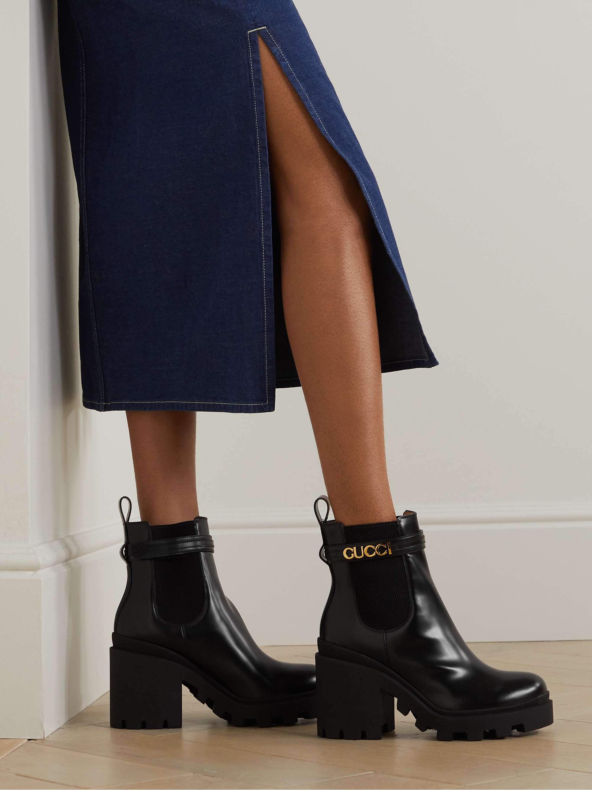 Black Logo-embellished leather ankle boots | GUCCI | NET-A-PORTER