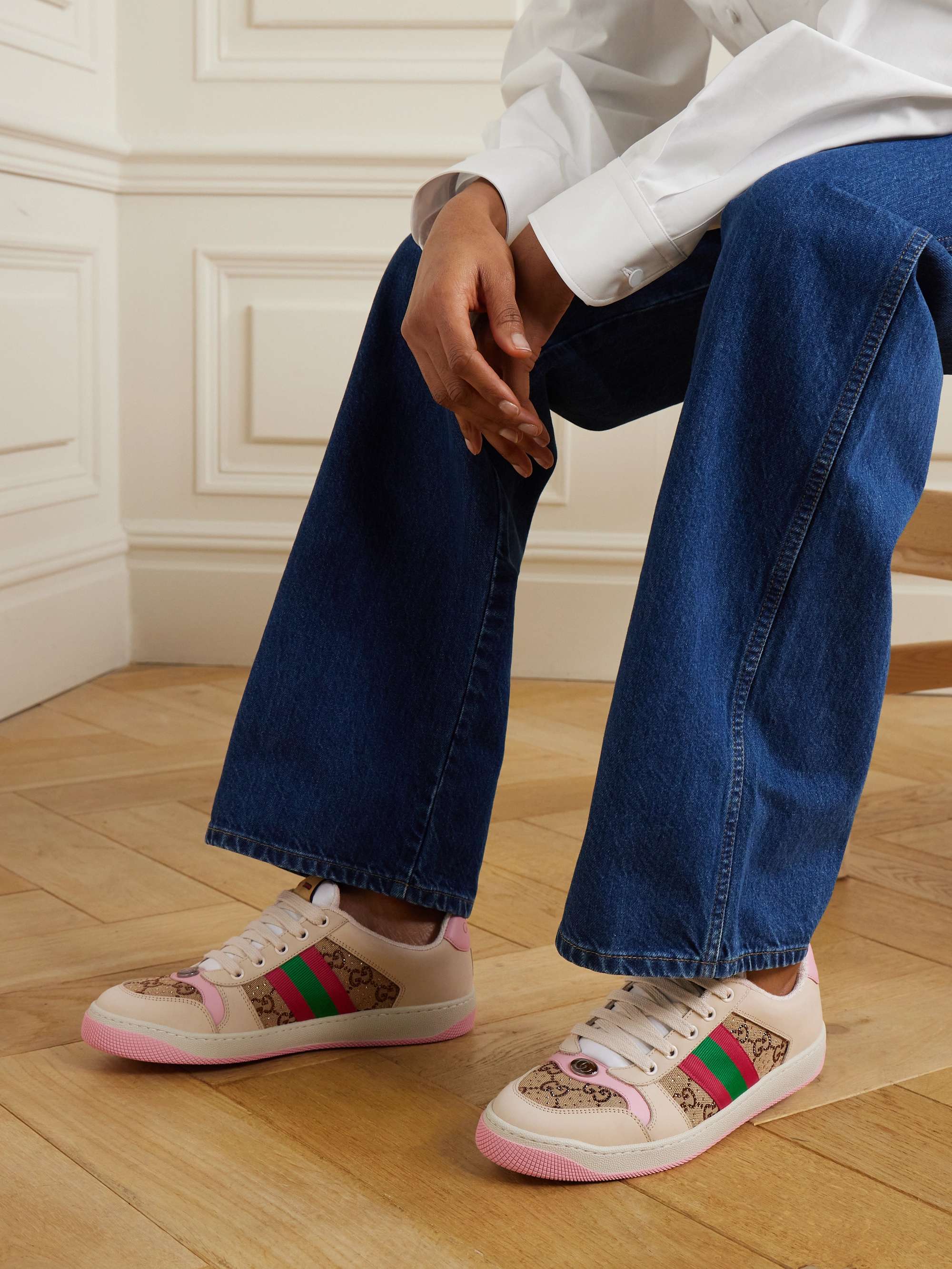 GUCCI Screener embellished canvas and leather sneakers |