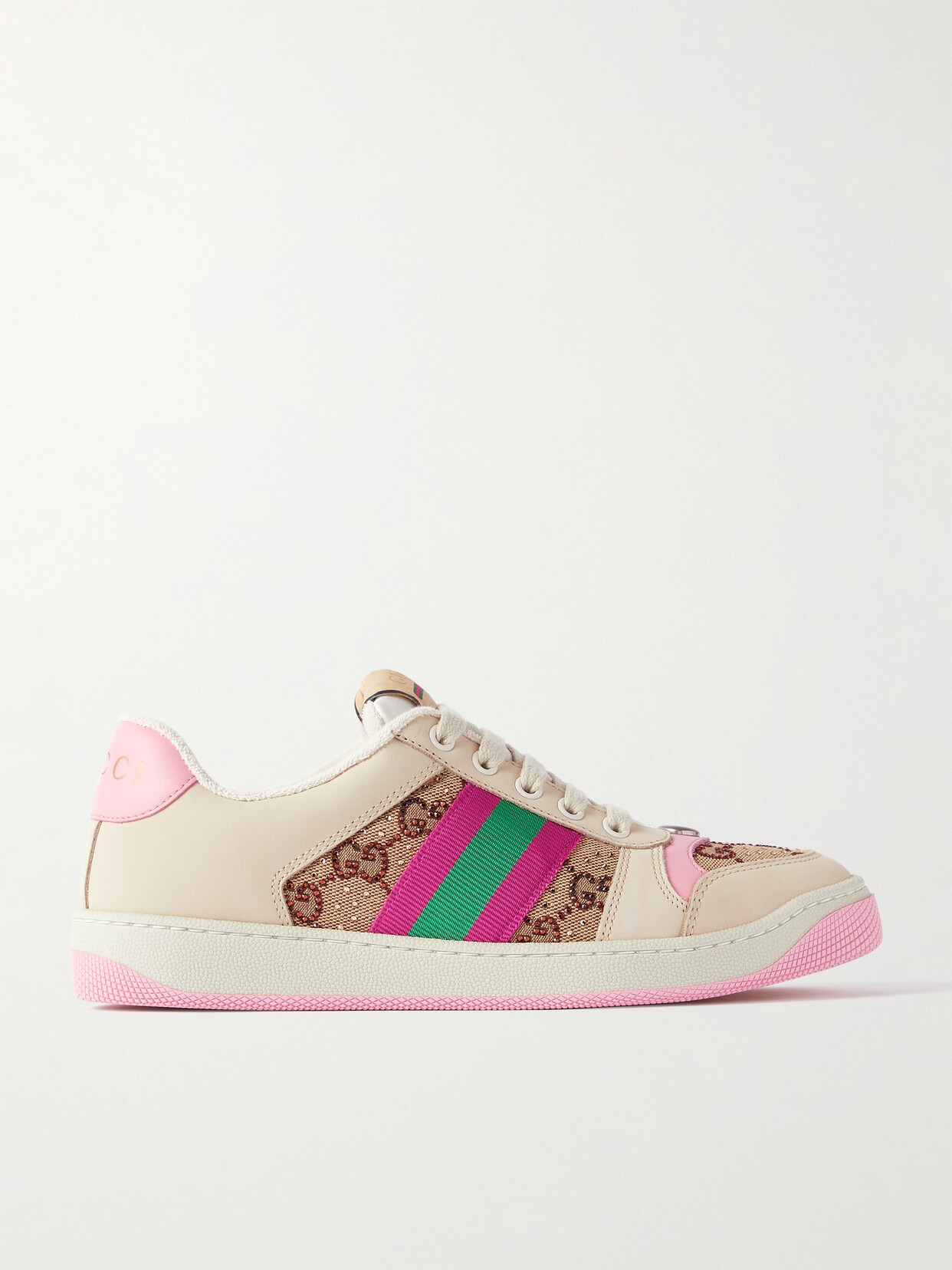 Gucci Screener Embellished Canvas And Leather Trainers In Neutrals