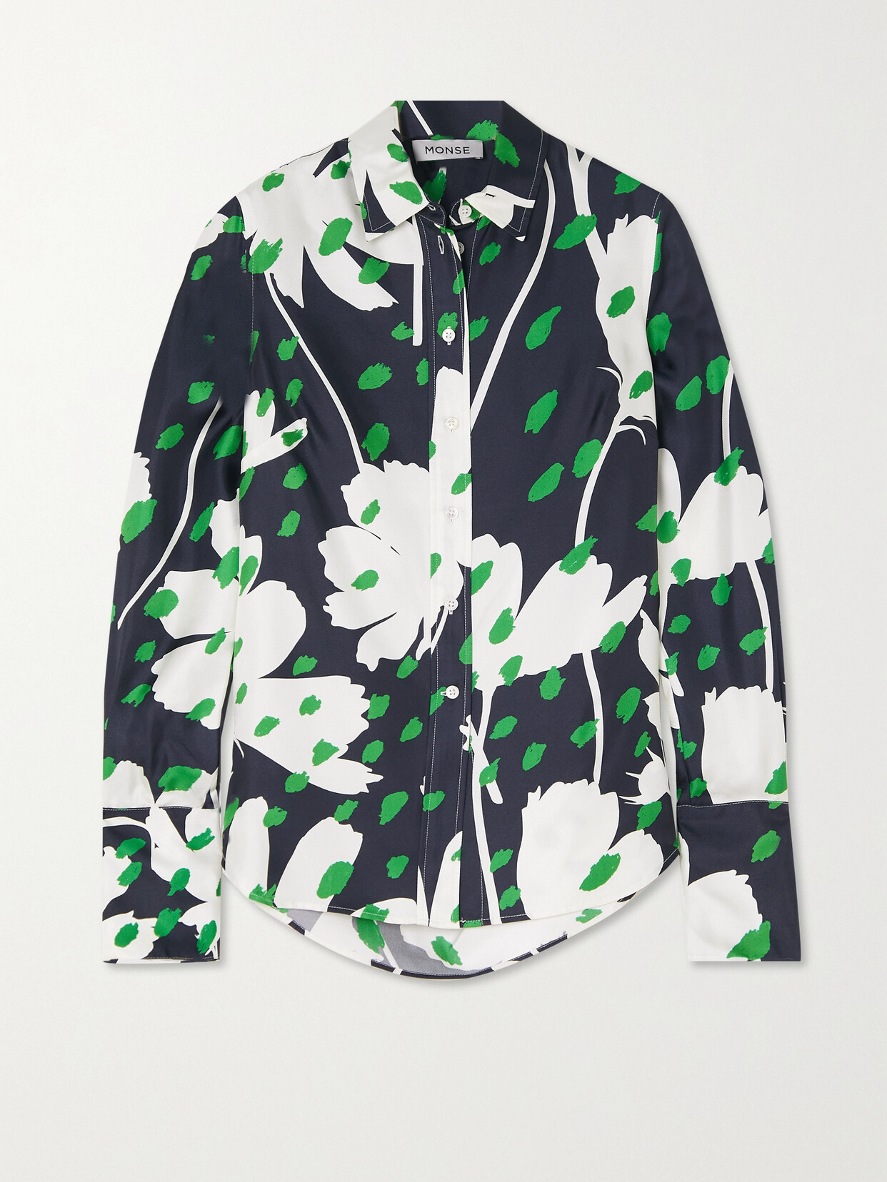 MONSE CUTOUT TIE-DETAILED DRAPED FLORAL-PRINT SILK-TWILL SHIRT