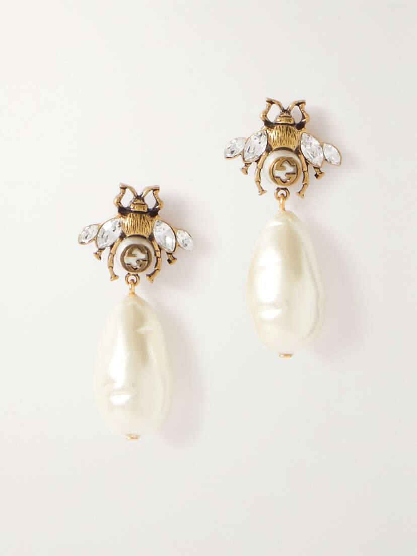 Gucci tone, Faux Pearl And Crystal Earrings