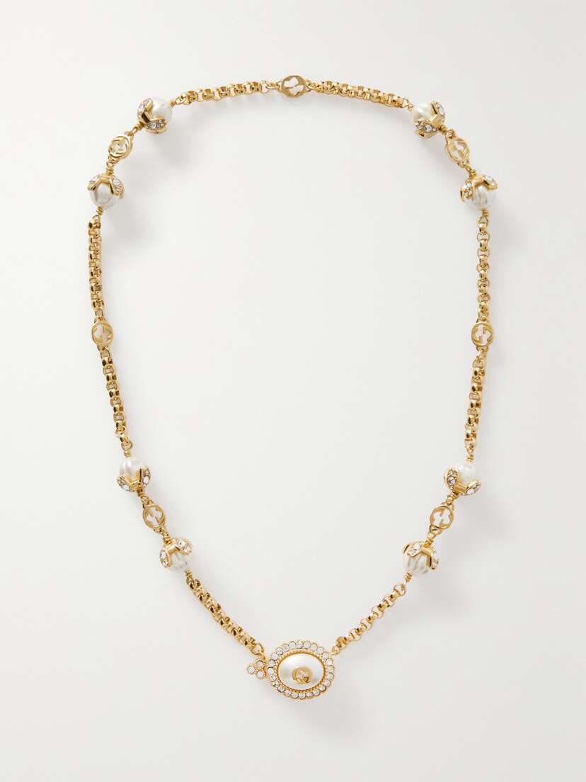 Gucci tone, Crystal And Faux Pearl Necklace