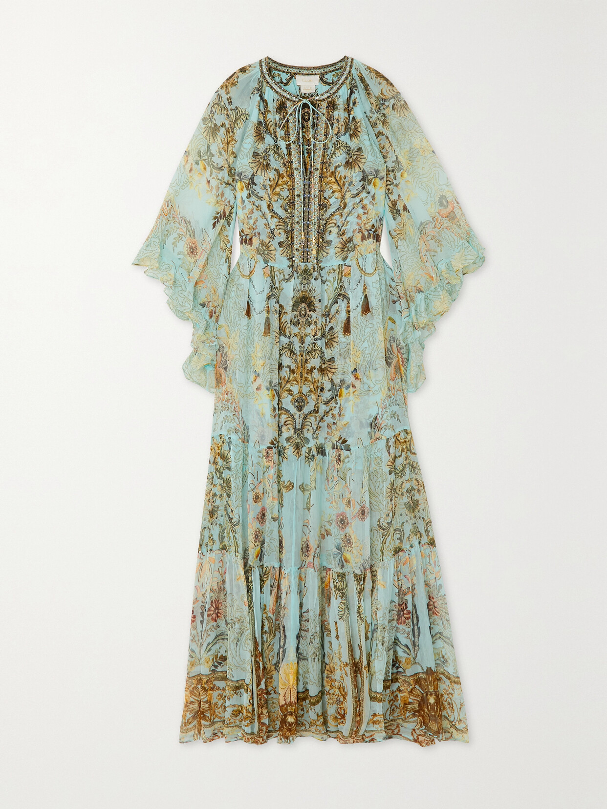 Camilla - Embellished Tiered Printed Silk Maxi Dress - Blue