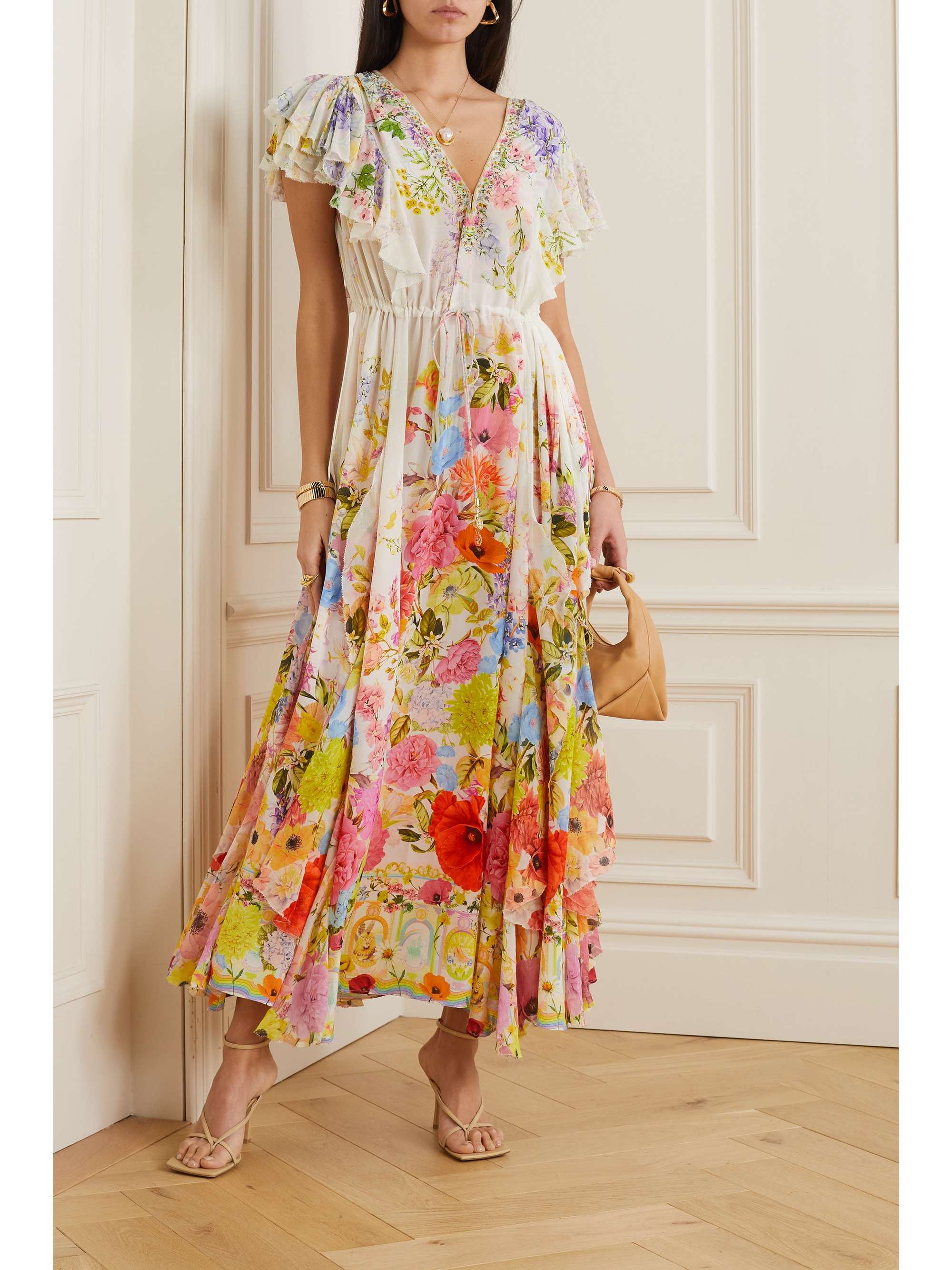 CAMILLA Ruffled floral-print silk midi dress