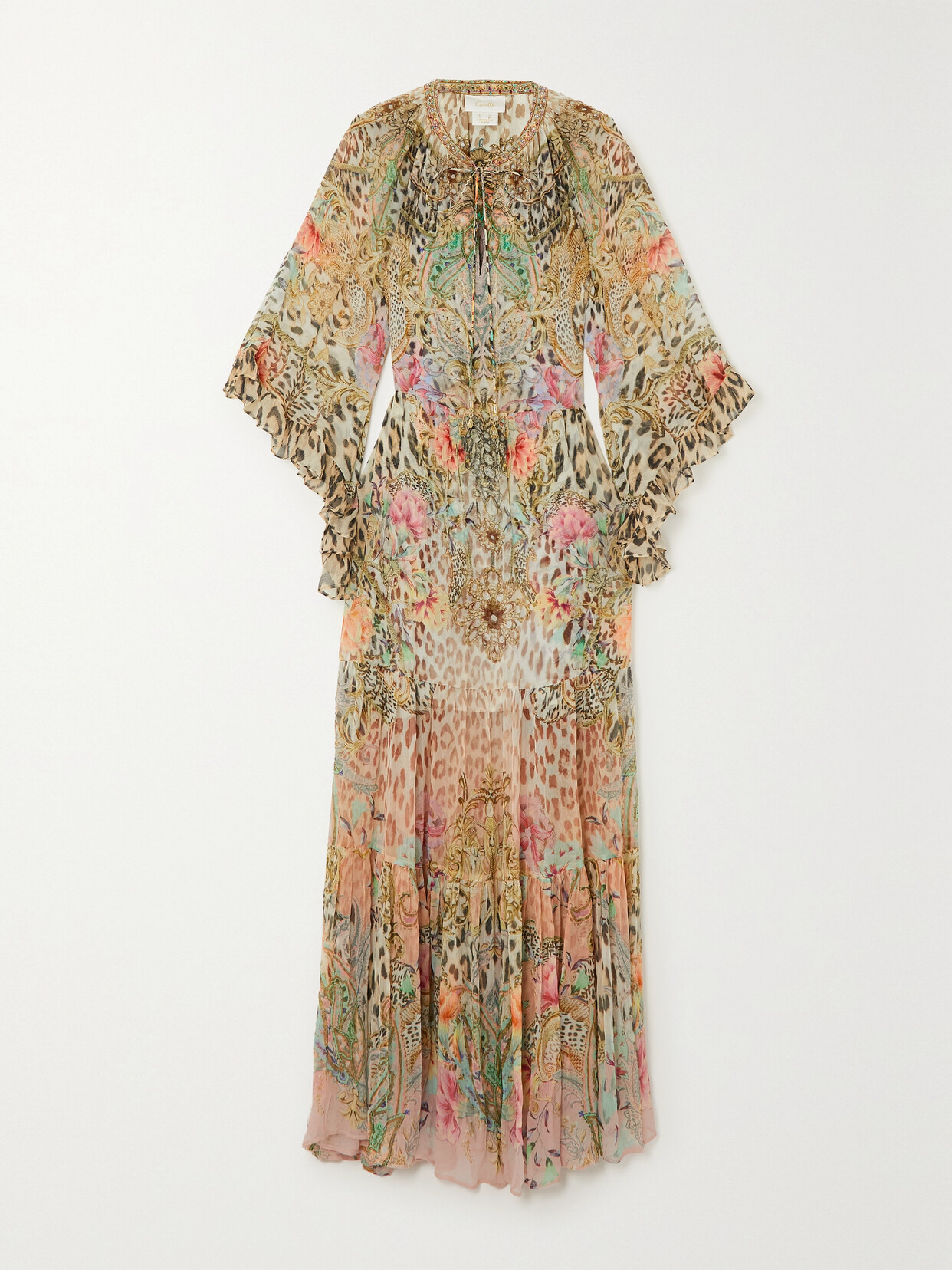 Camilla - Tiered Embellished Printed Silk-crepon Maxi Dress - Brown