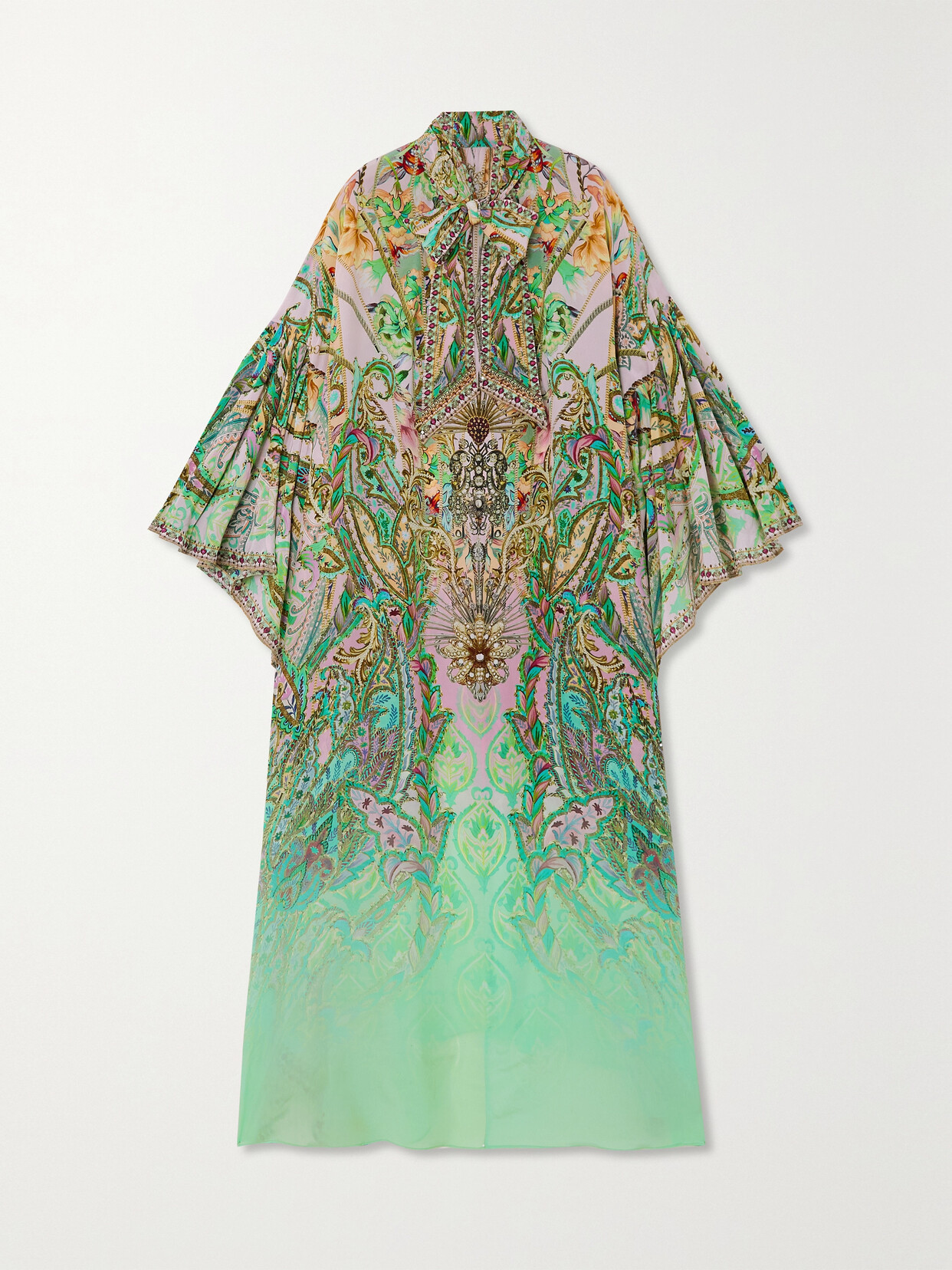 Camilla - Pussy-bow Embellished Printed Silk Kaftan - Green