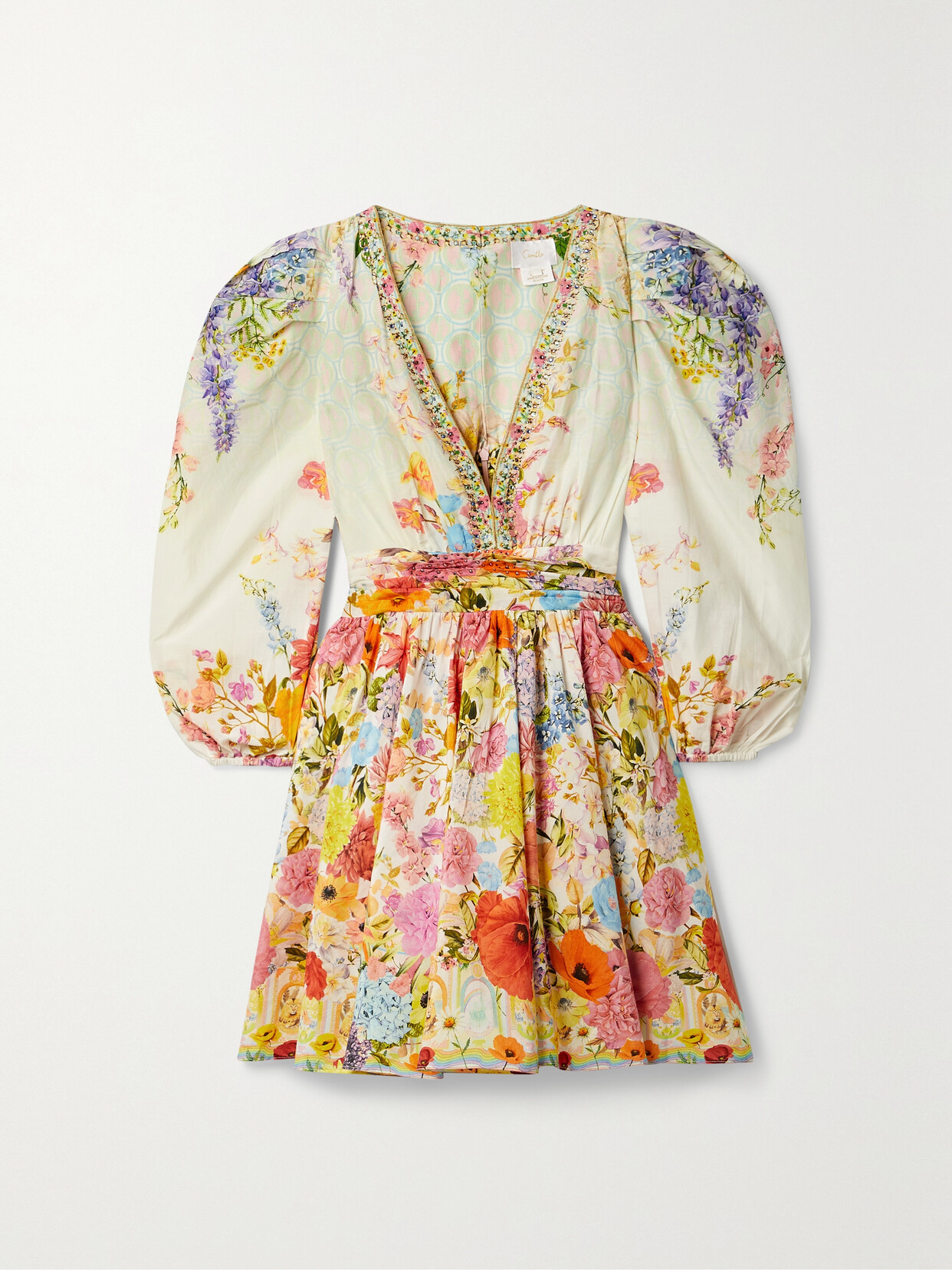 Camilla Blouson-sleeve Flared Cotton-silk Mini Dress In Unknown