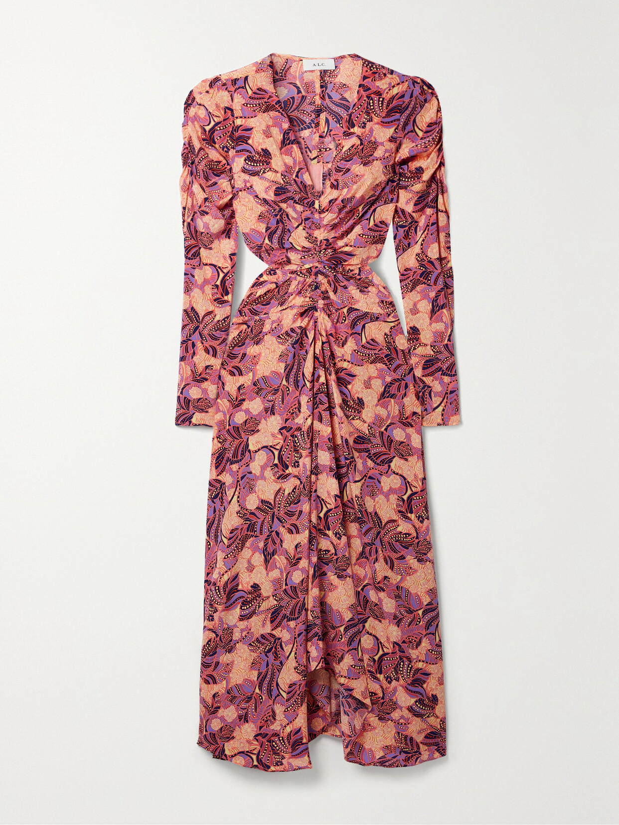 A.L.C. - Mona Cutout Ruched Floral-print Stretch-silk Midi Dress - Purple