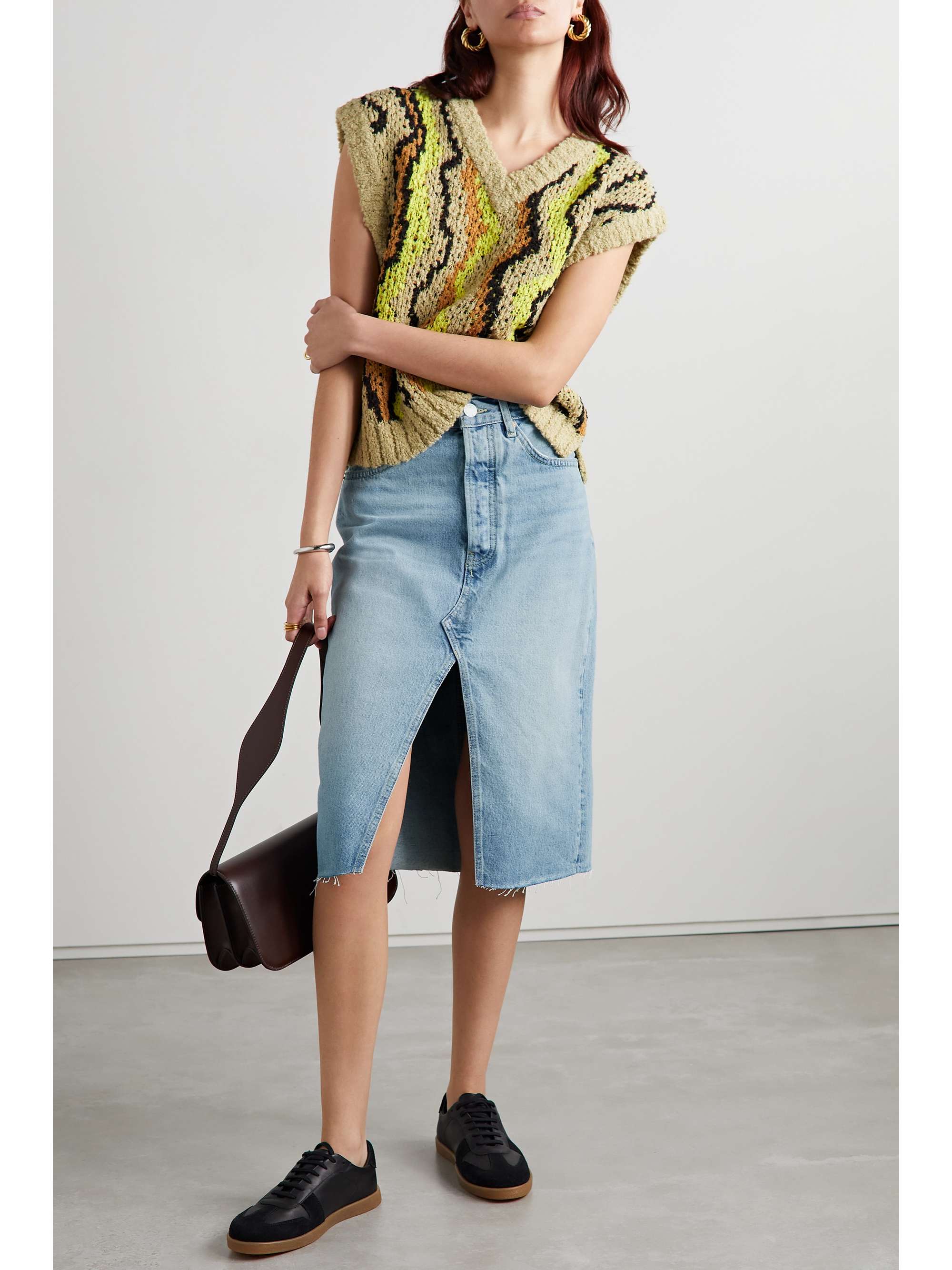 RE/DONE Distressed organic denim midi skirt | NET-A-PORTER