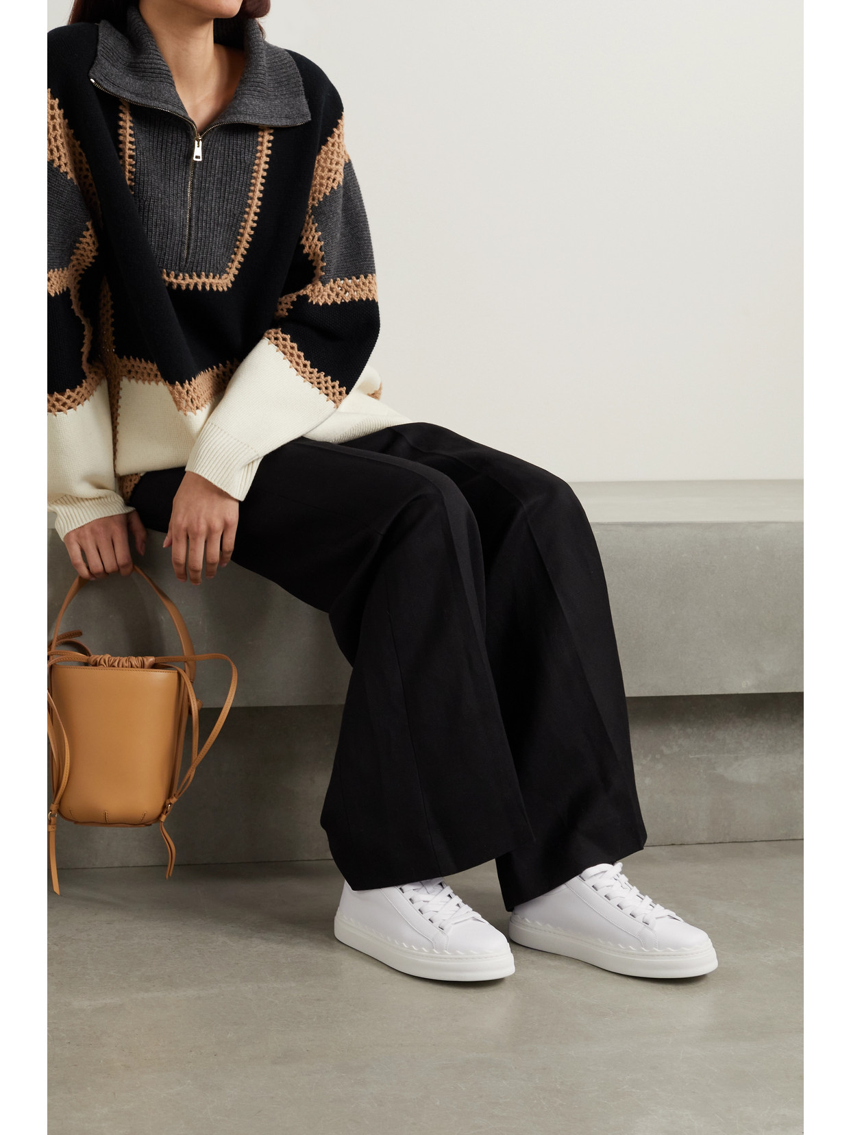Chloé + Net Sustain Lauren Scalloped Leather Sneakers In White