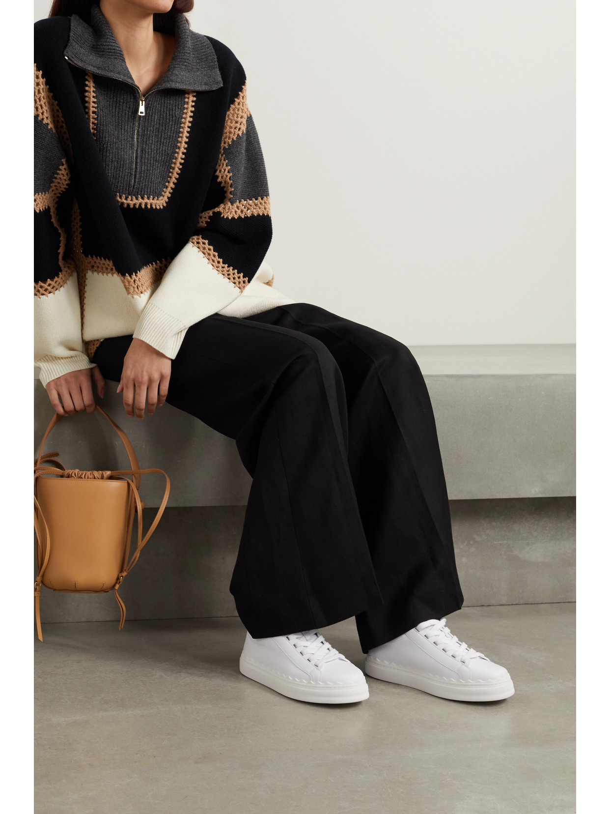 Shop Chloé + Net Sustain Lauren Scalloped Leather Sneakers In White