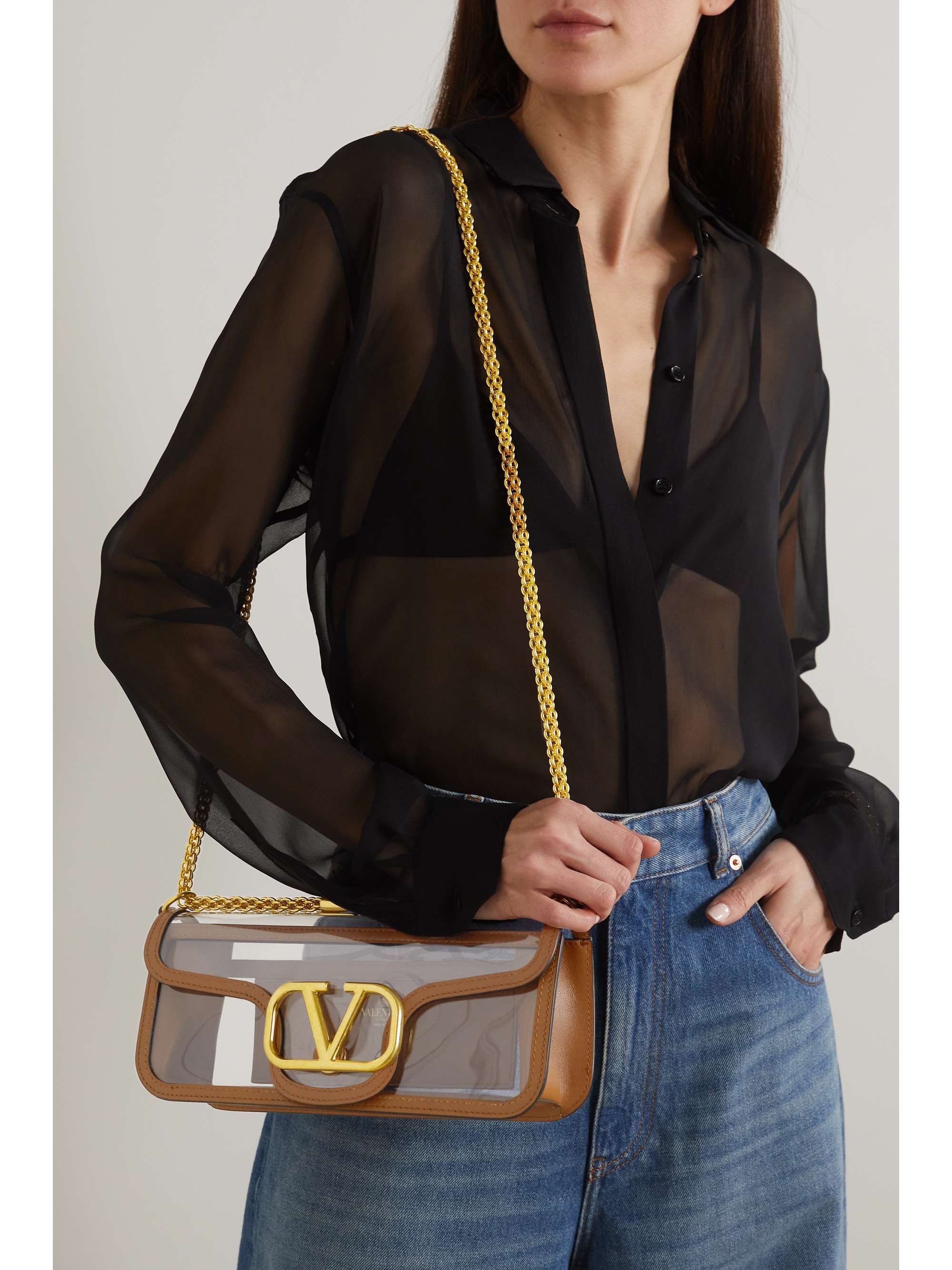 VALENTINO GARAVANI Valentino Garavani VLOGO leather-trimmed PVC shoulder bag