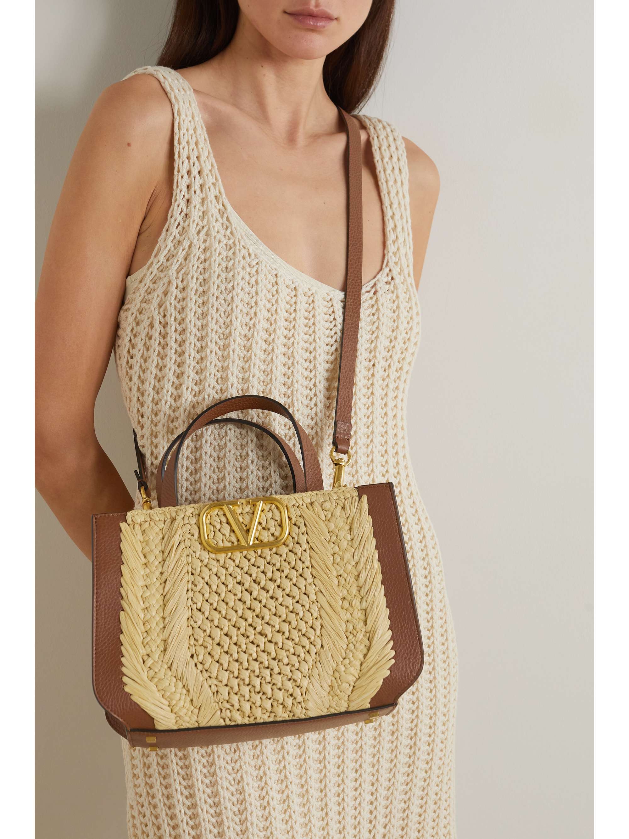 VALENTINO GARAVANI Valentino Garavani VLOGO small faux raffia and textured-leather tote