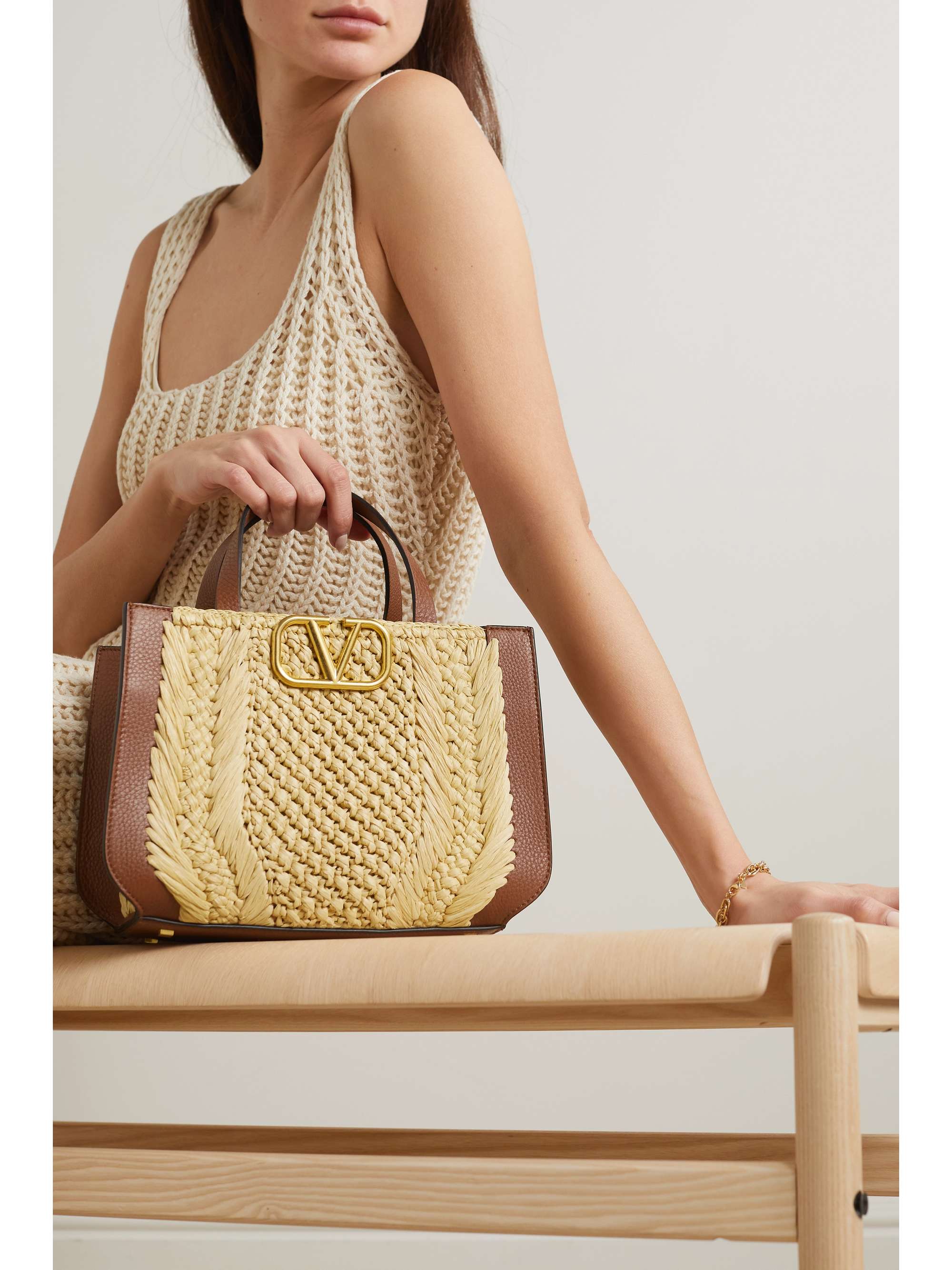 VALENTINO GARAVANI Valentino Garavani VLOGO small faux raffia and textured-leather tote