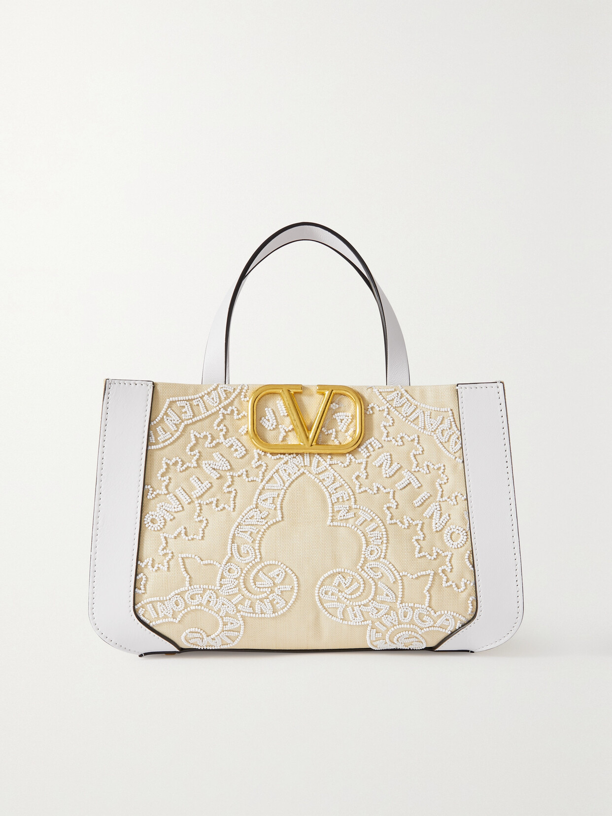 Valentino Garavani - Valentino Garavani Vlogo Leather-trimmed Bead-embellished Canvas Tote - White