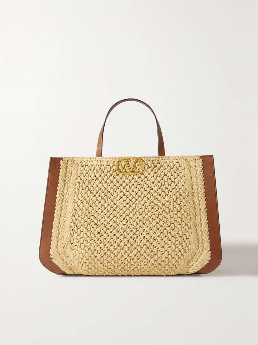Valentino Garavani Vlogo Faux Raffia And Textured-leather Tote