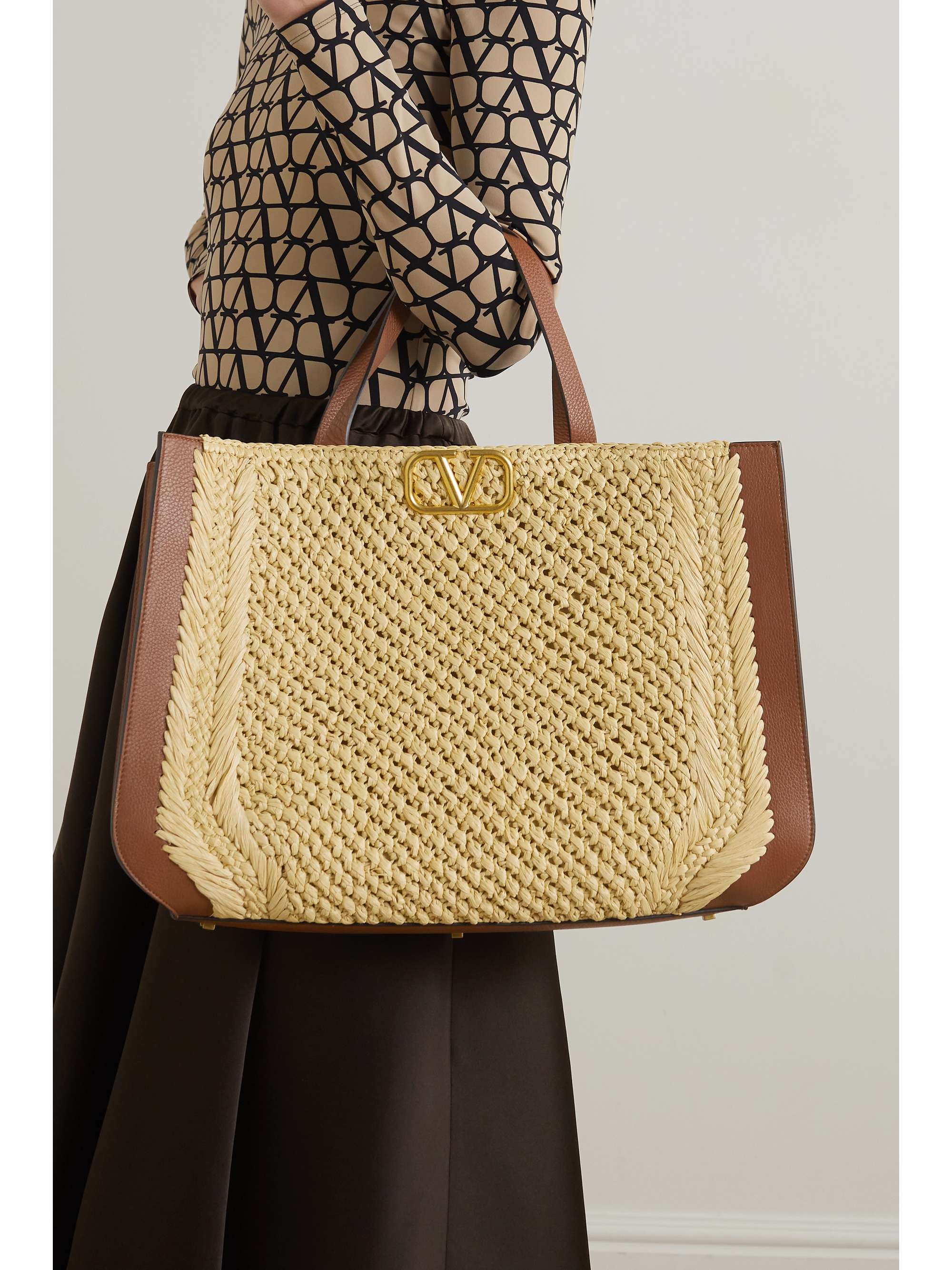 Valentino Garavani VLOGO faux raffia and textured-leather tote