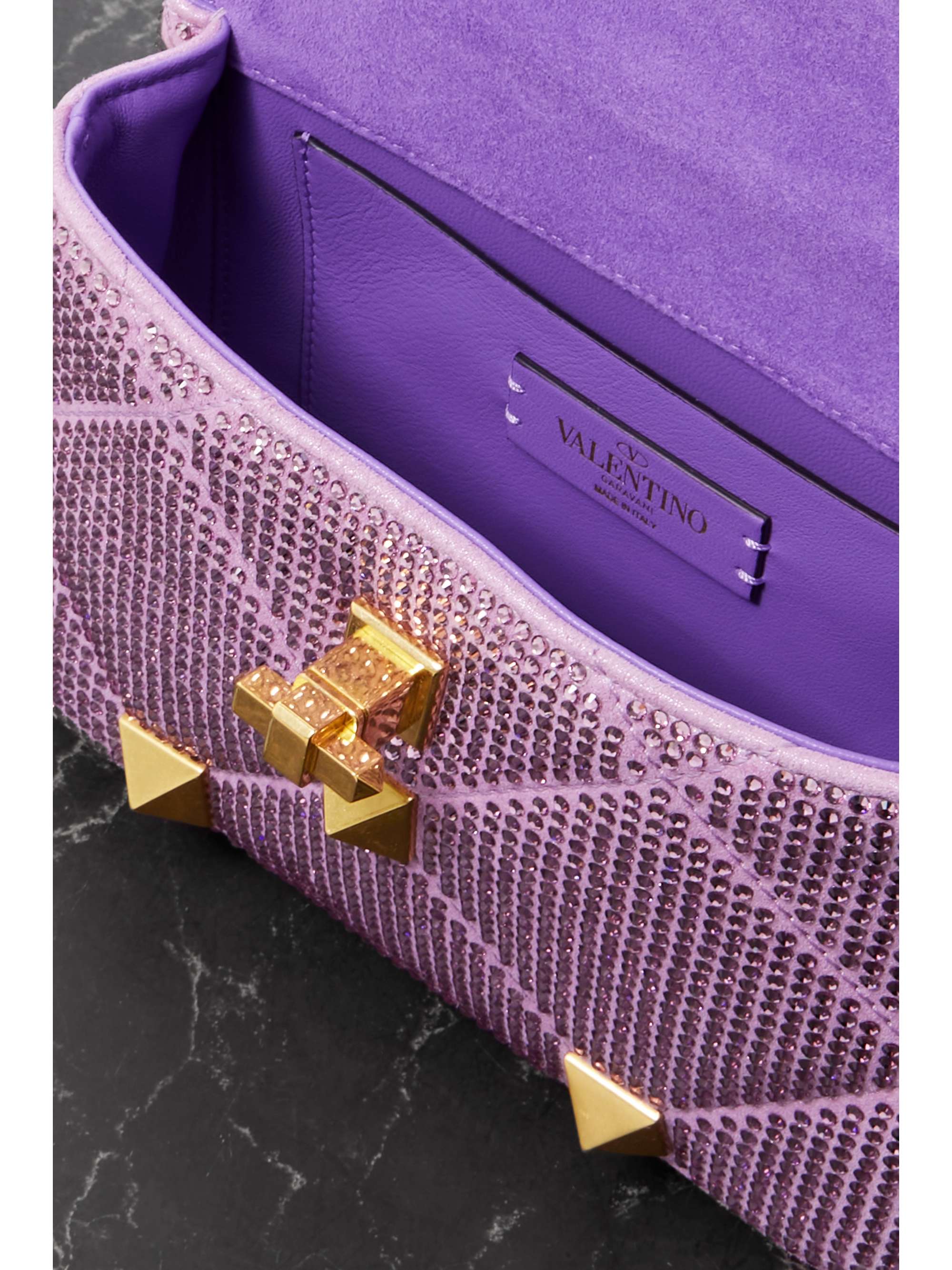 VALENTINO GARAVANI Valentino Garavani Roman Stud crystal-embellished suede shoulder bag