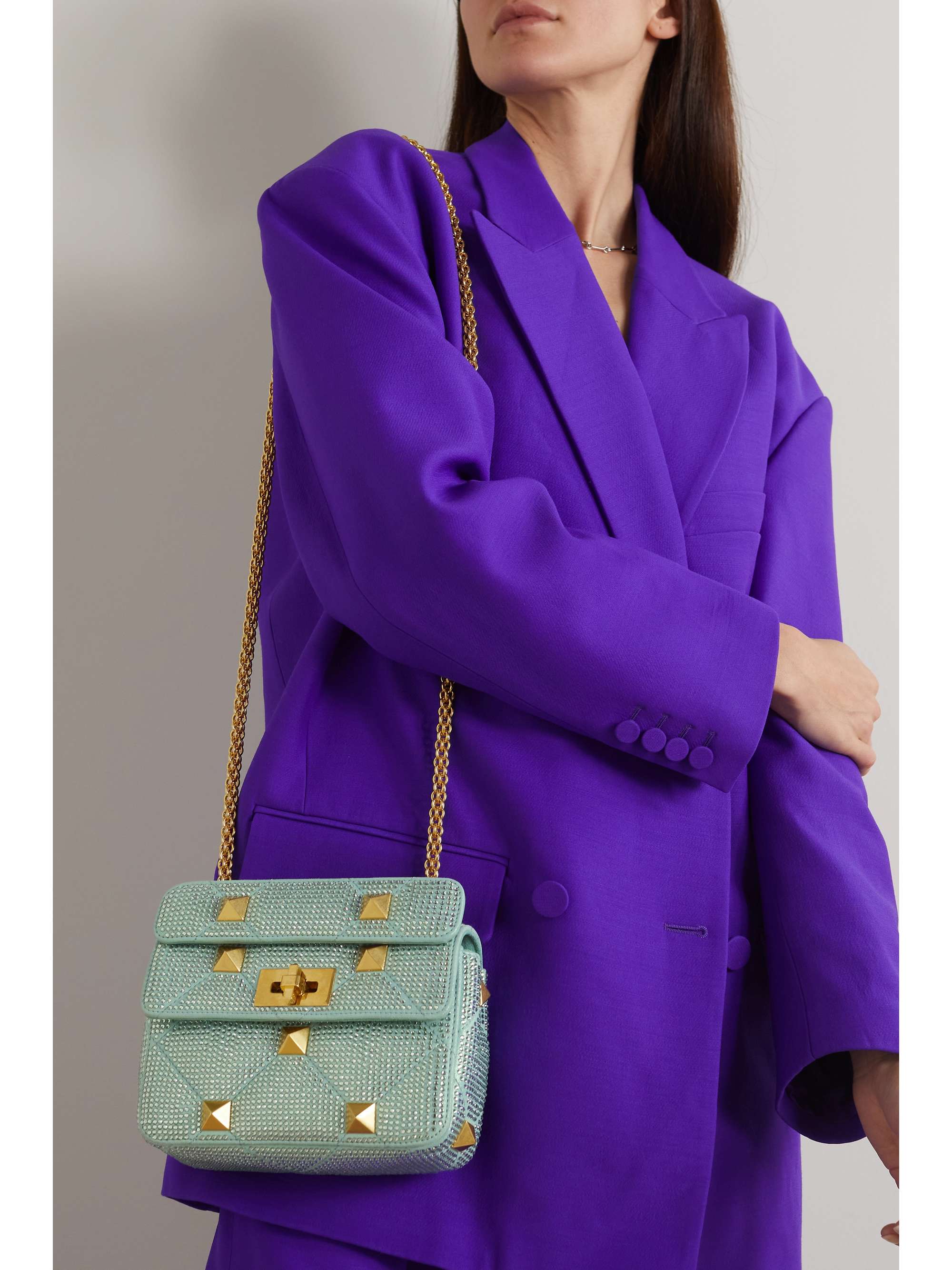 VALENTINO GARAVANI Valentino Garavani Roman Stud crystal-embellished suede shoulder bag