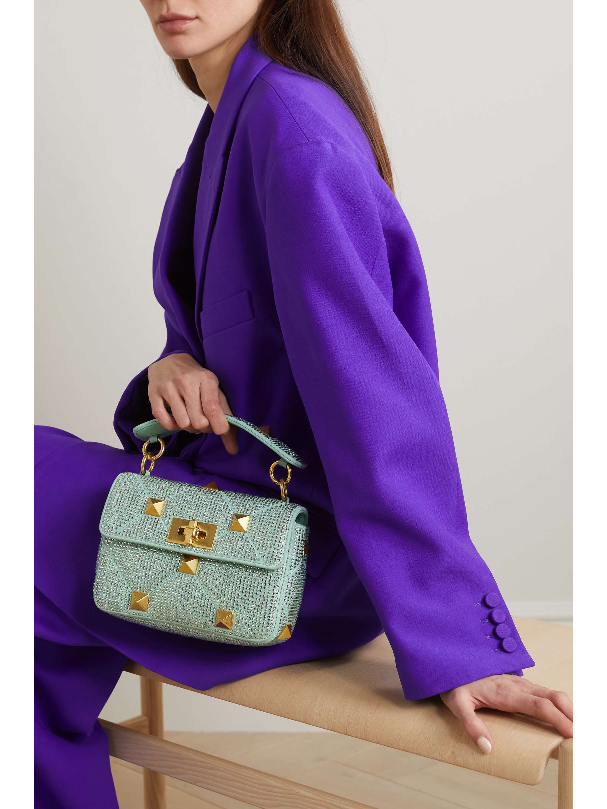 VALENTINO GARAVANI Valentino Garavani Roman Stud crystal-embellished suede shoulder bag