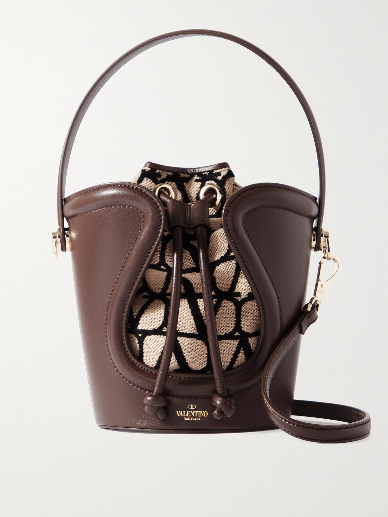 Valentino Garavani Sculpture Leather And Logo-jacquard Bucket Bag