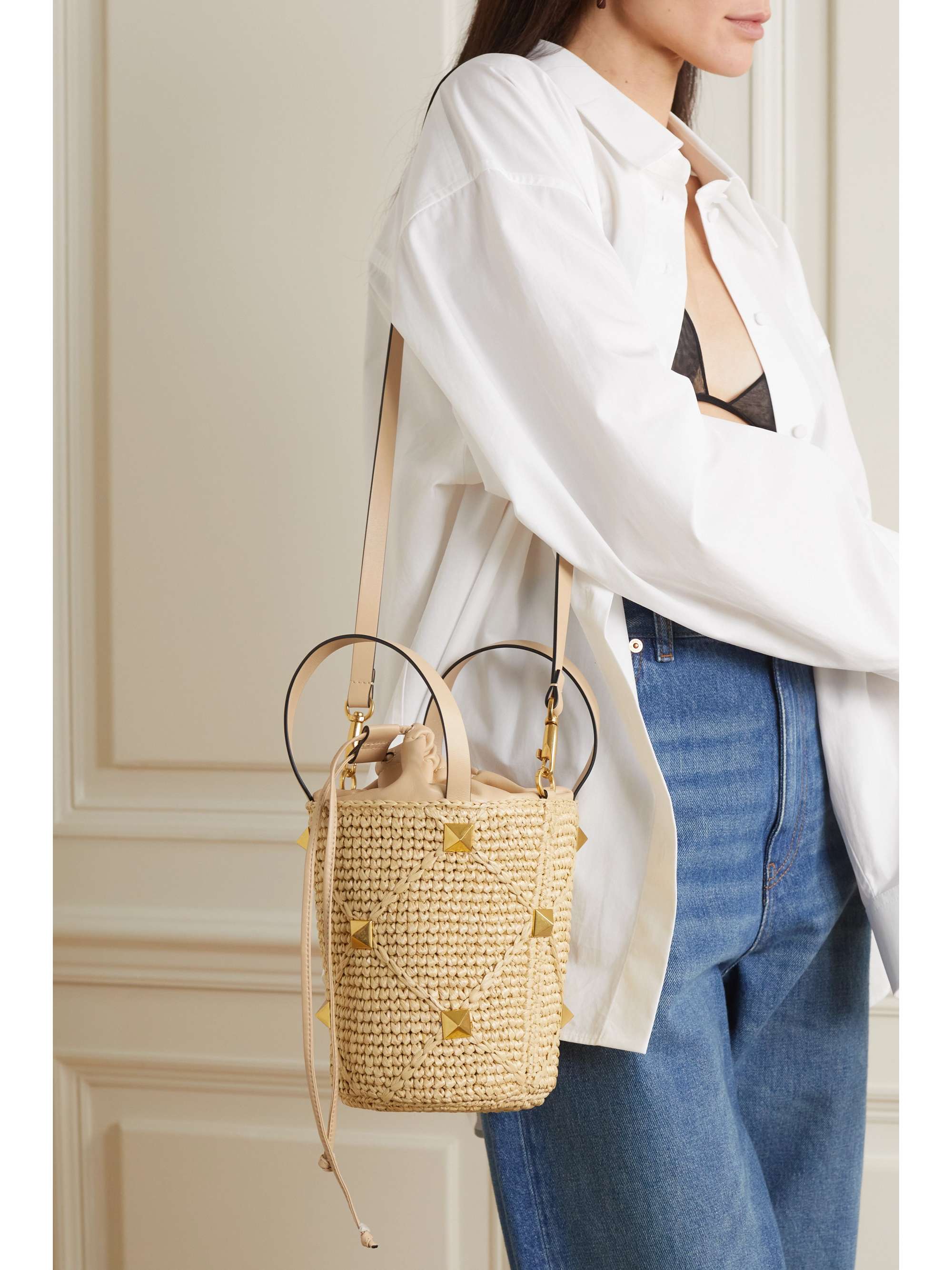 VALENTINO GARAVANI Valentino Garavani Roman Stud raffia and leather bucket bag