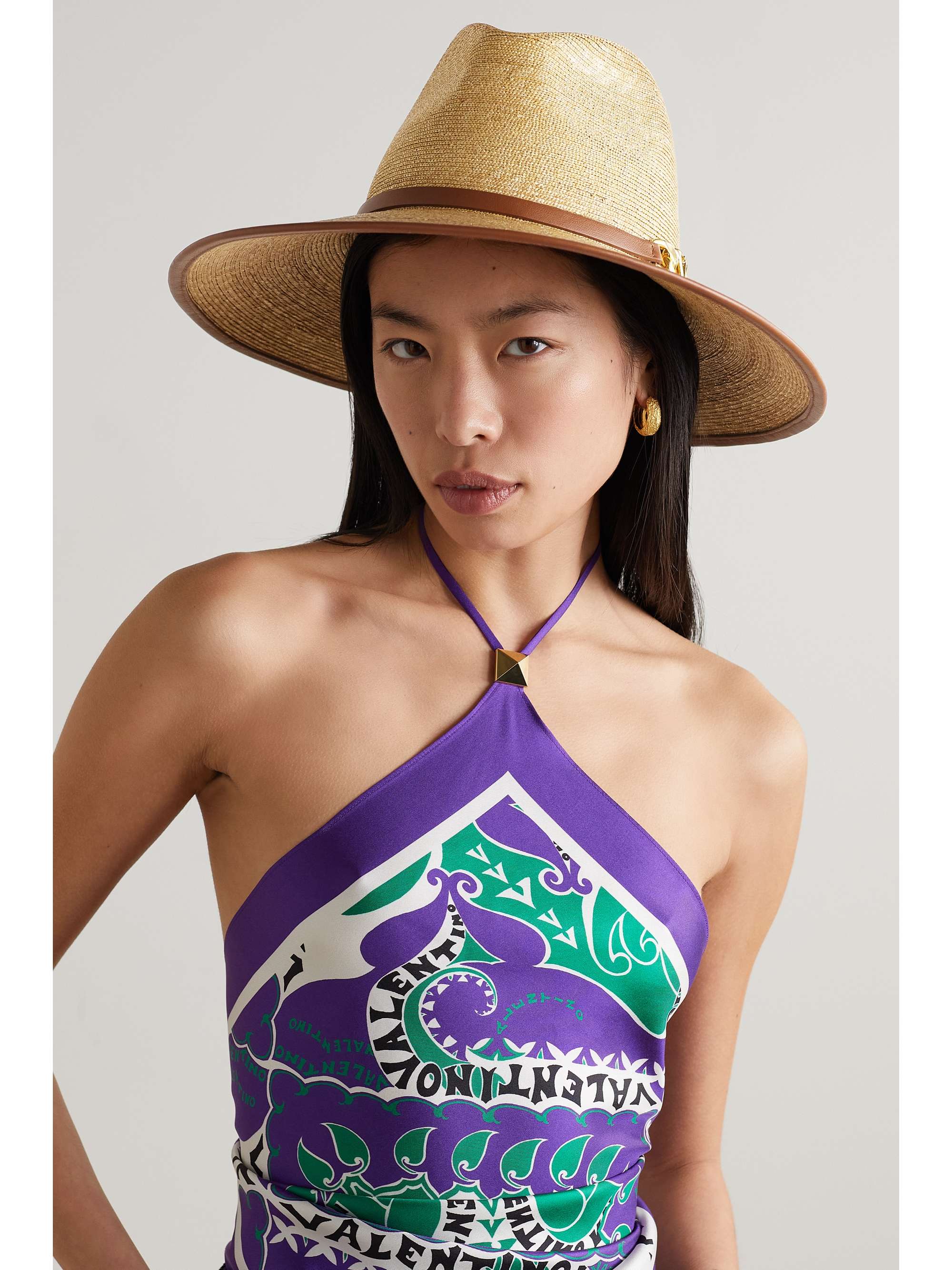 VALENTINO GARAVANI Valentino Garavani VLOGO leather-trimmed straw sunhat