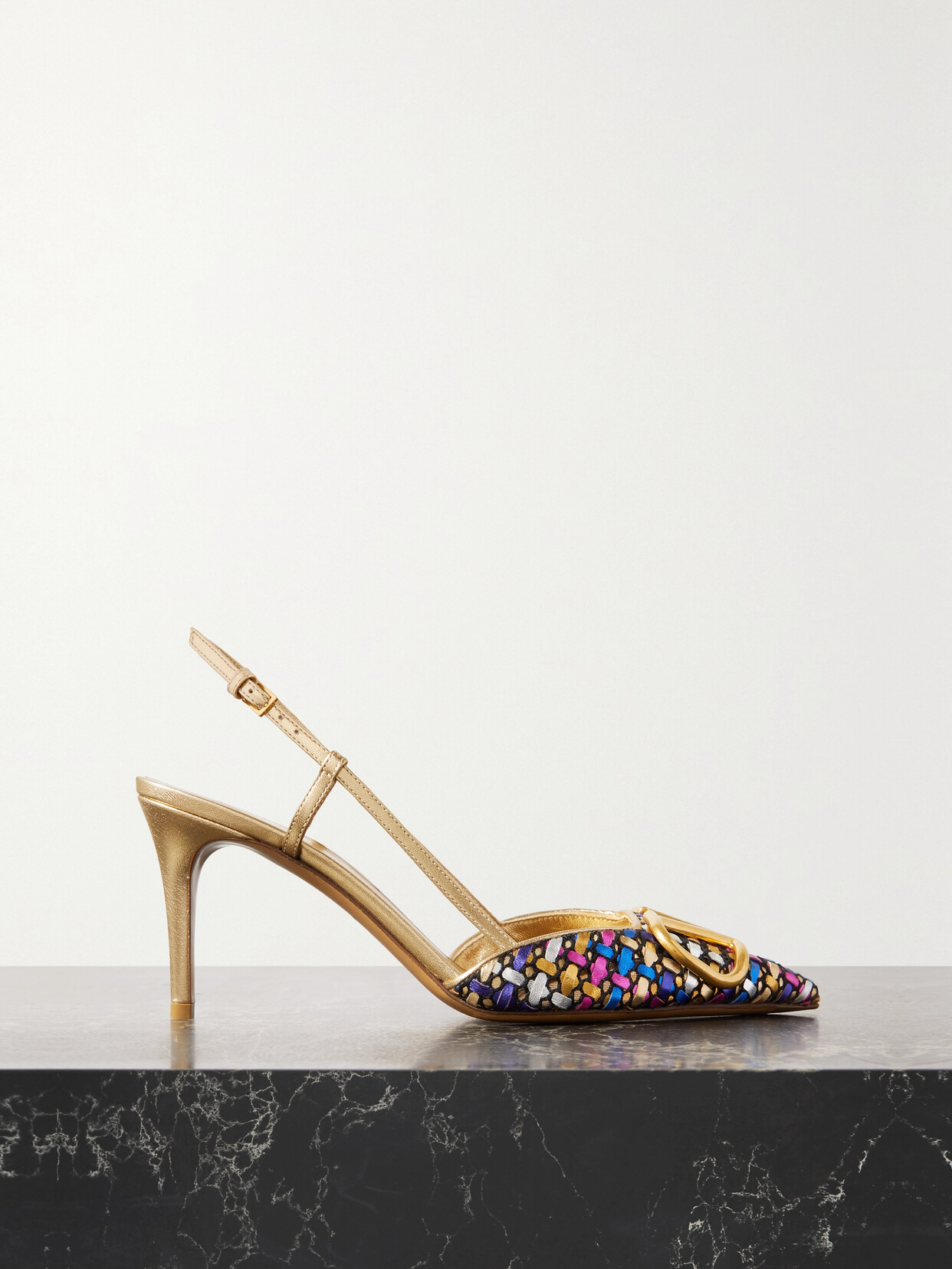 Valentino Garavani - Valentino Garavani Embellished Woven Metallic Leather Slingback Pumps - Gold