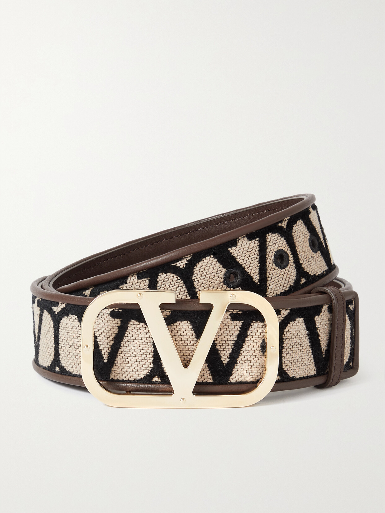 Valentino Garavani Iconographe Leather-trimmed Flocked Canvas Belt In Black