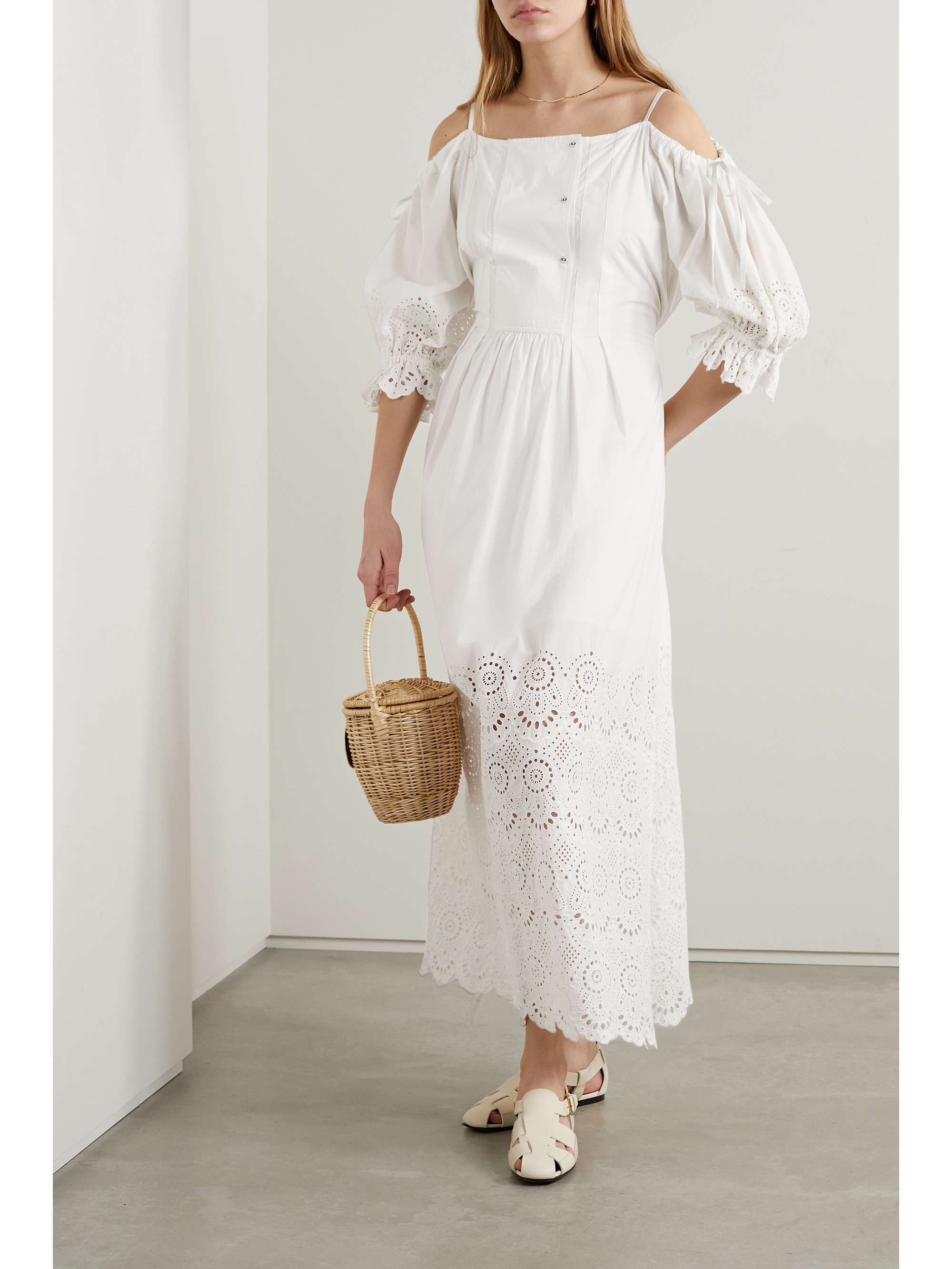 ULLA JOHNSON Narcisa cold-shoulder broderie anglaise cotton midi dress