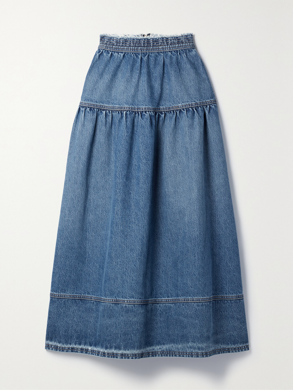 Ulla Johnson - The Astrid Frayed Paneled Denim Midi Skirt - Blue