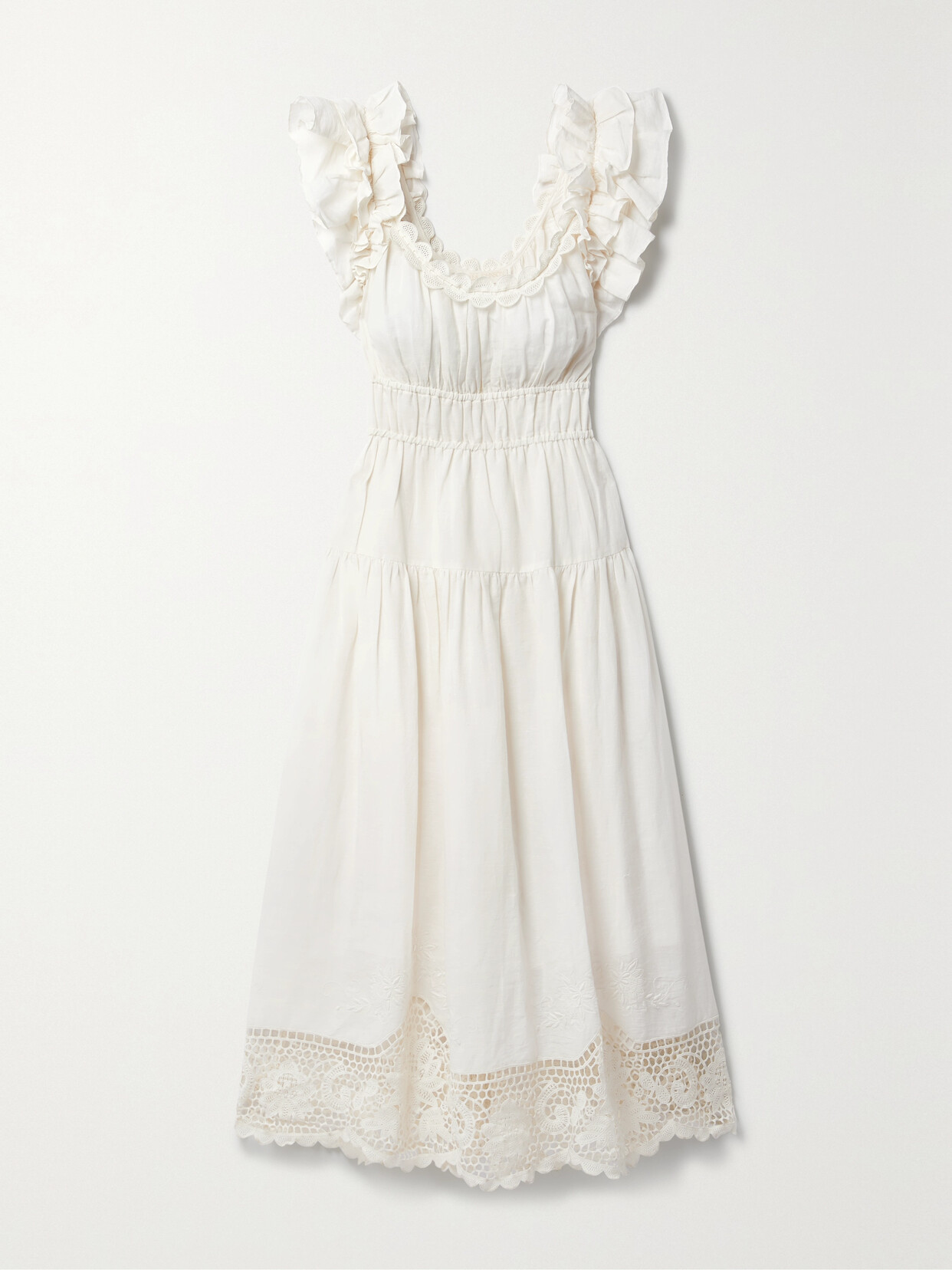 Ulla Johnson - Leona Ruffled Guipure Lace-trimmed Linen And Cotton-blend Midi Dress - White