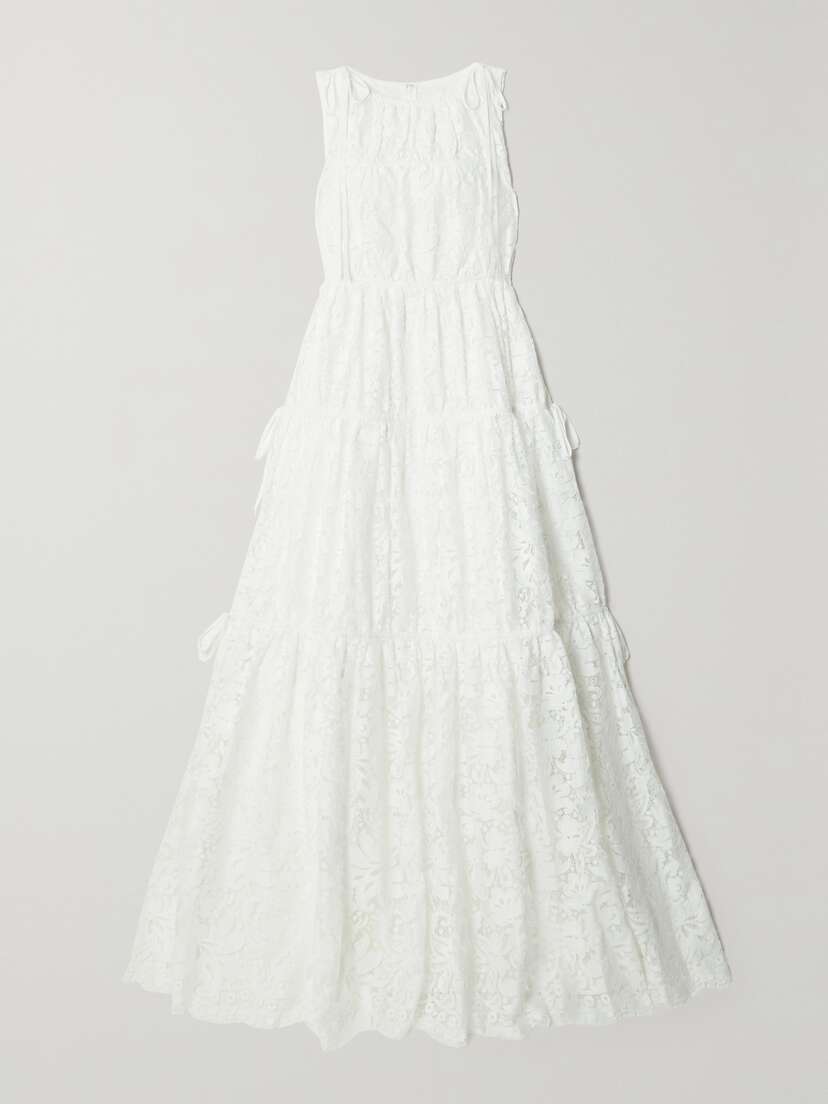 Erdem Isla Tie-detailed Tiered Cotton-blend Lace Gown
